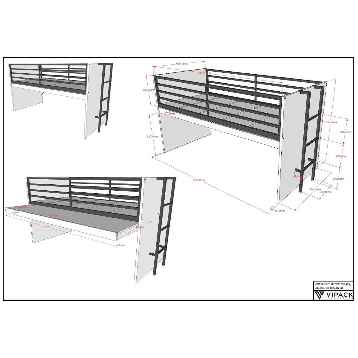 HALBHOCHBETT 90x200 Keelia Weiß mit Schreibtisch Stauraum - Weiß, Kunststoff (90/200cm) - 58aufmkessel