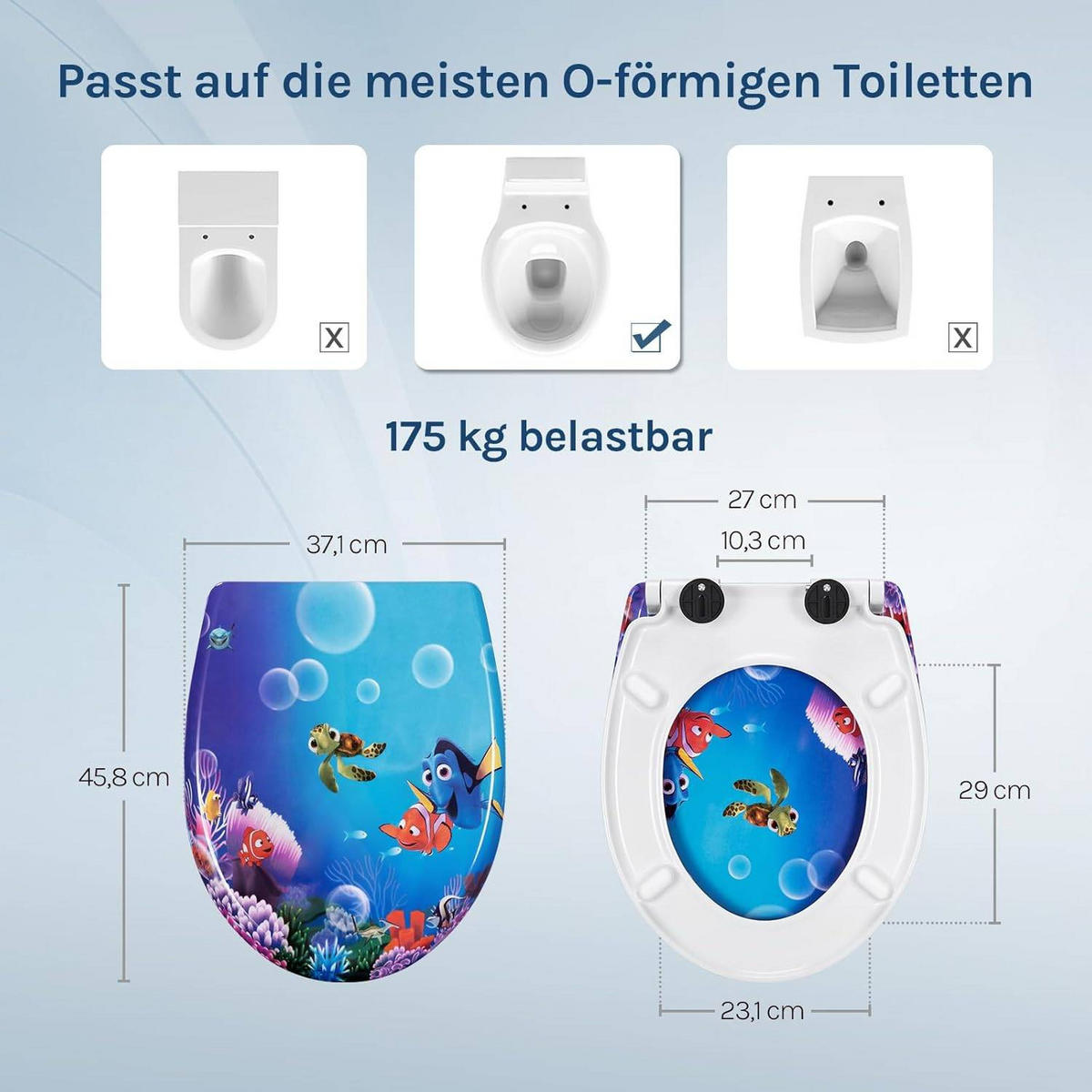 WC SITZ mit Absenkautomatik, Duroplast, Fische Oval - Blau/Weiß, Kunststoff (37/2.51/45cm) - Woltu
