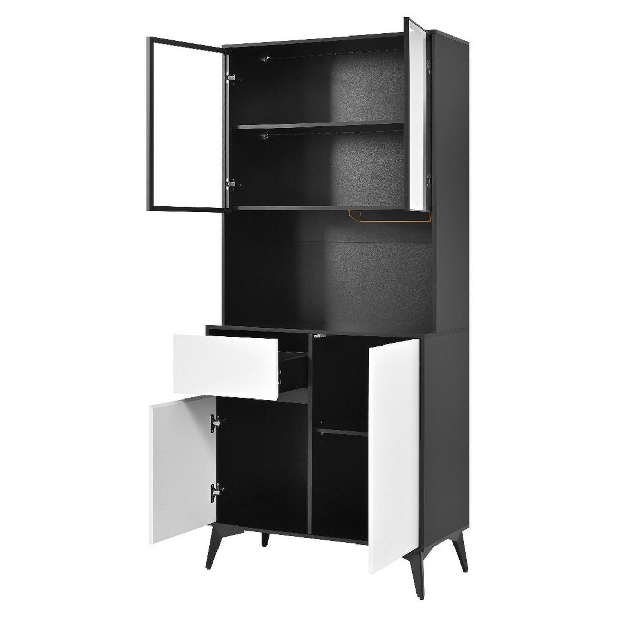 KÜCHENSCHRANK Esszimmerschrank mit LED-BELEUCHTUNG, GLASTÜREN, Schwarz-Weiß, 80/180/40 cm - Schwarz, Kunststoff (40/180/80cm) - Rolipo