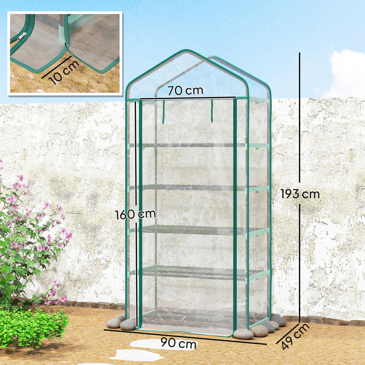 GEWÄCHSHAUS DE-12065 5 Etagen mit Rolltür Transparent - Transparent, Kunststoff (49/193/90cm) - ComfortXL