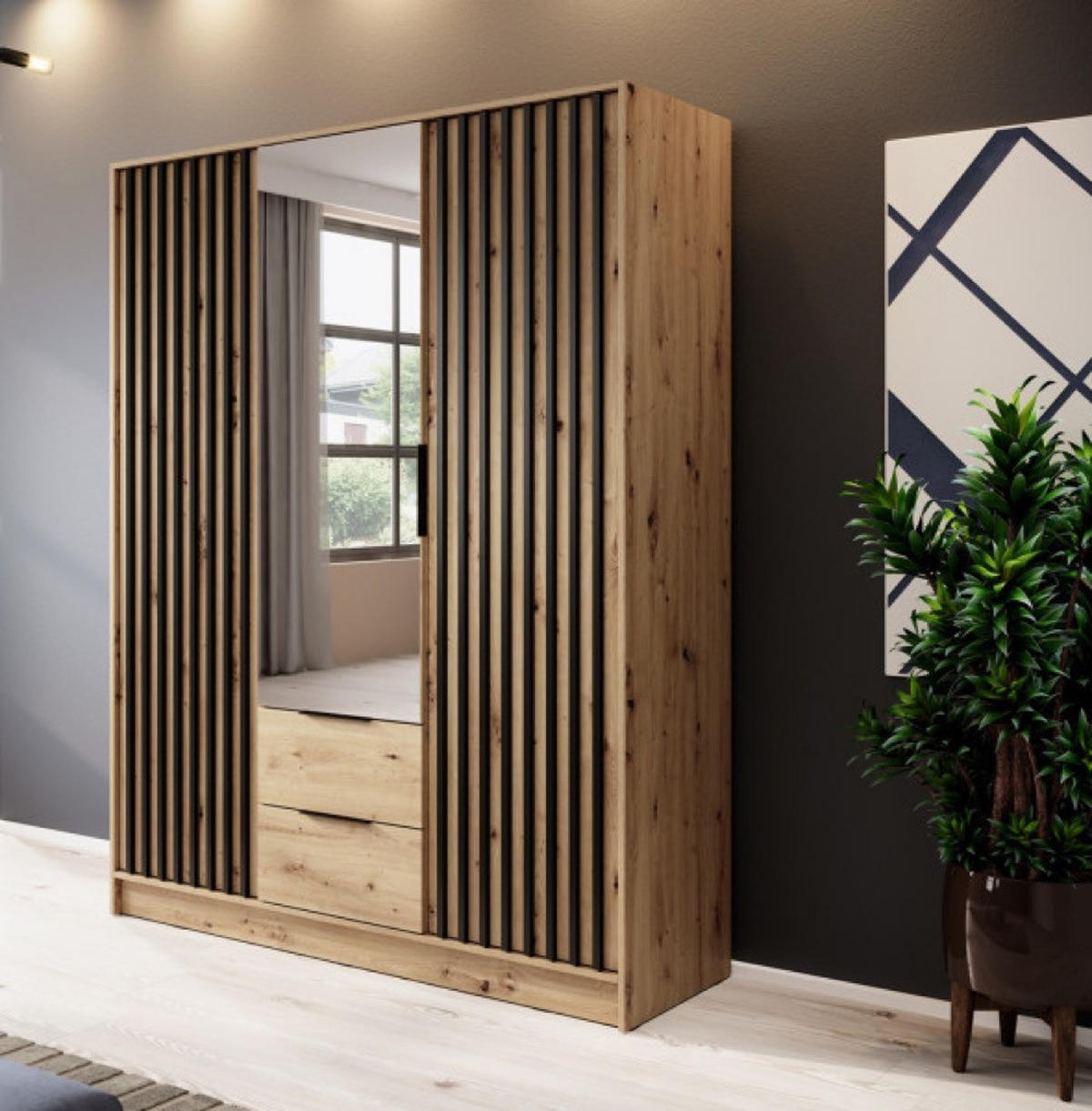 SCHRANK Artisan Eiche KELLY Mit Lamellen Und Spiegel 155 cm - Eichefarben/Transparent, Holzwerkstoff (155/200/51cm) - Sepro Meble
