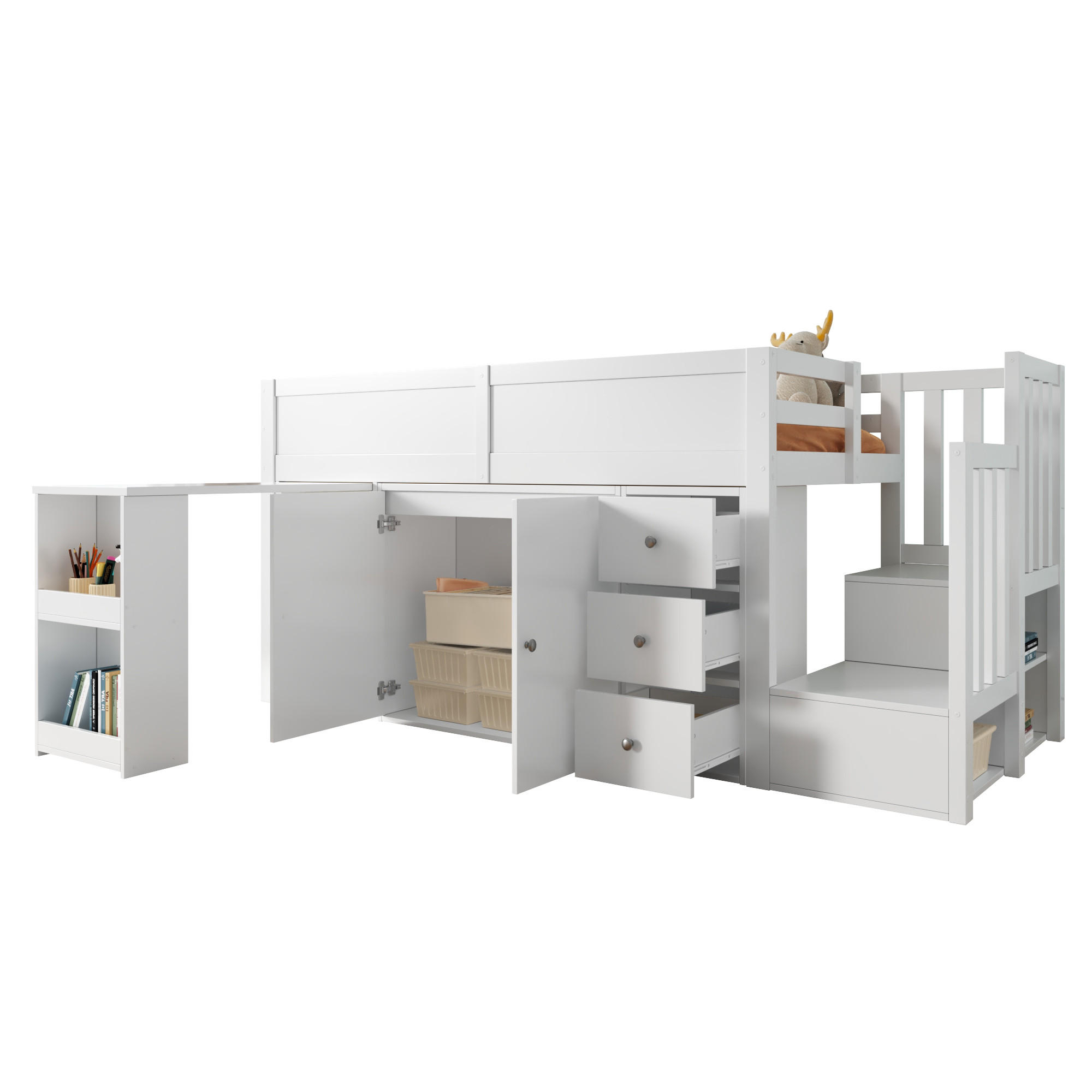 STILVORA HOCHBETT 90/200 cm in Weiß Kinderbett mit Schreibtisch, Schrank und Schubladen