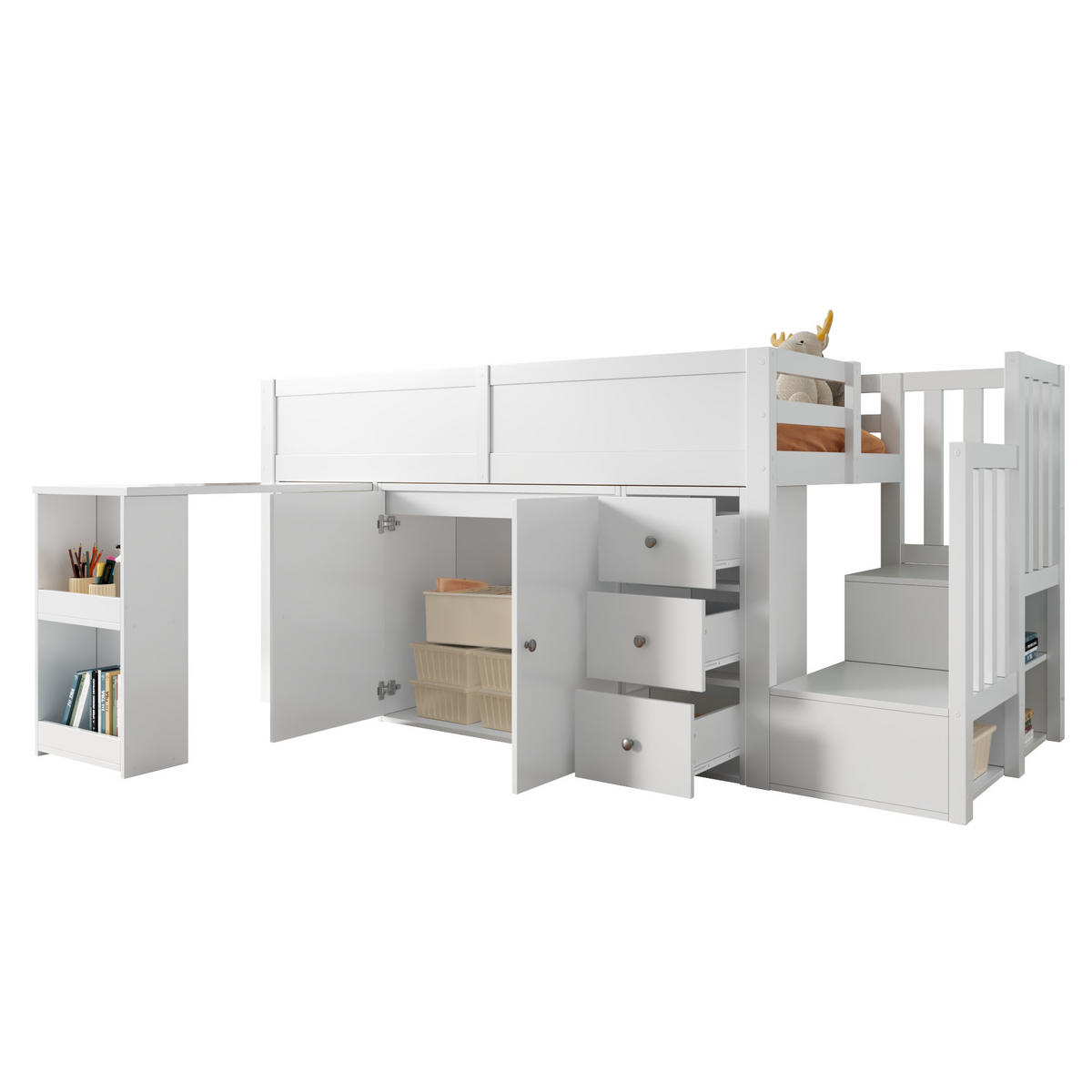KINDERBETT 90x200cm Weiß Mit Schreibtisch Schrank Schublade Treppe - Weiß, Holzwerkstoff (90/200cm) - FLIEKS