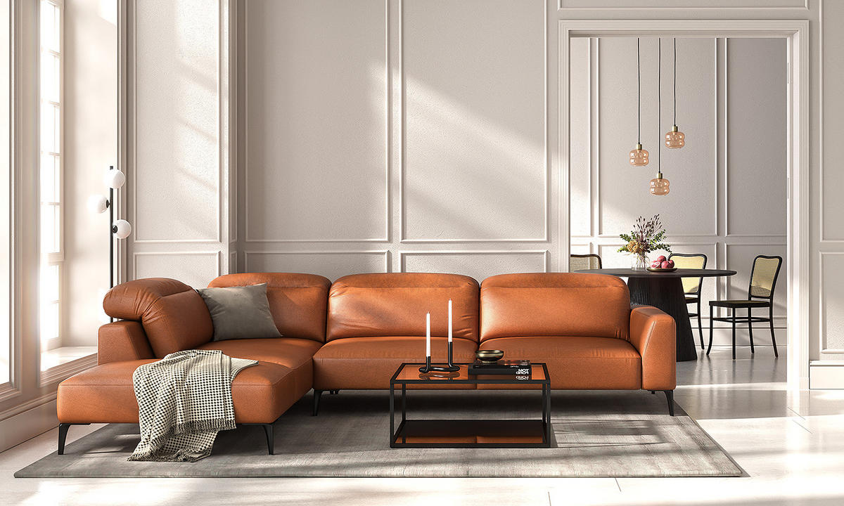 ECKSOFA mit Ottomane - Kastanienfarben/Schwarz, Leder/Metall (325/238cm) - home24