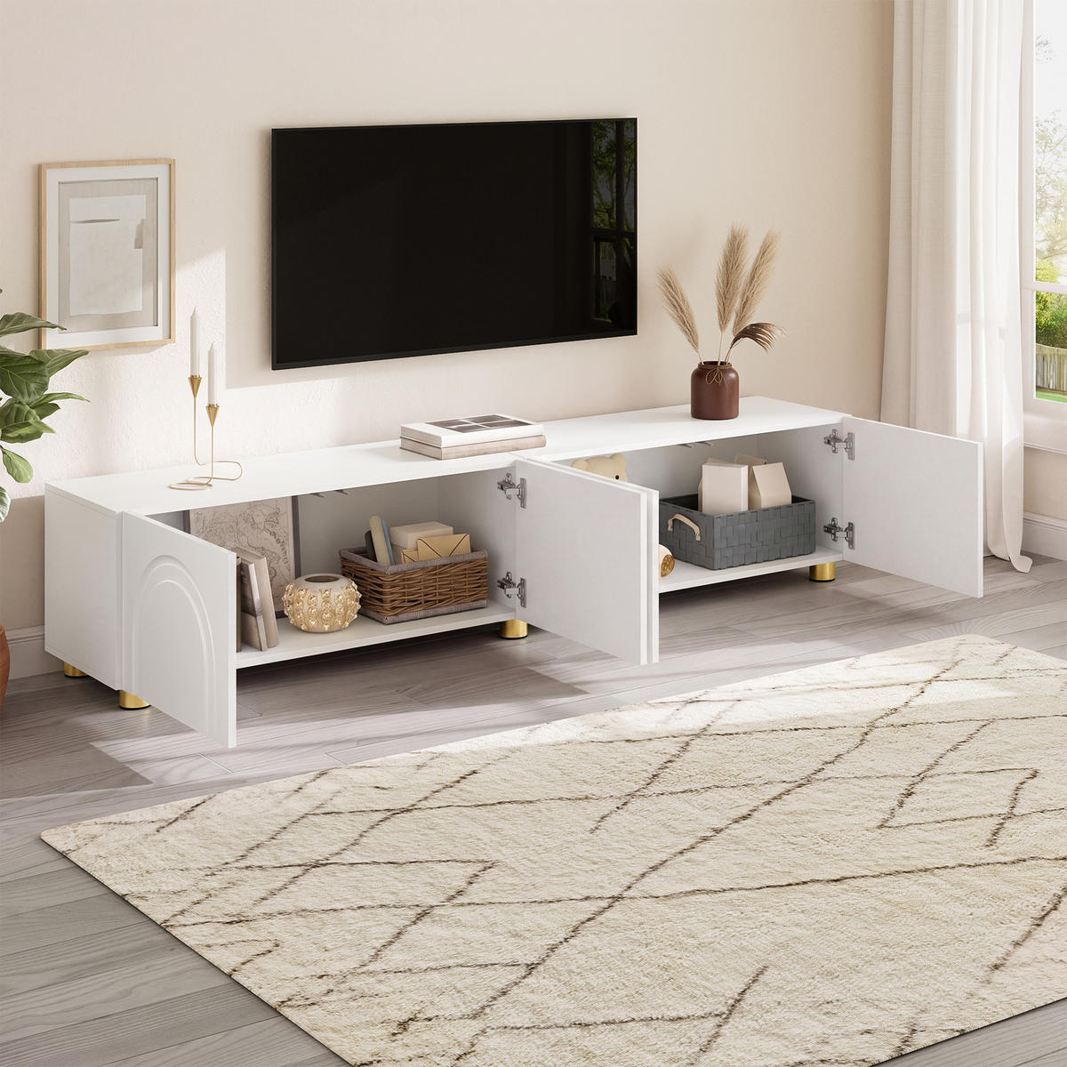 TV-SCHRANK Lowboard 4 Türen Bogenrelief Metallfüße - Weiß, Holzwerkstoff (35/40/180cm) - FLIEKS