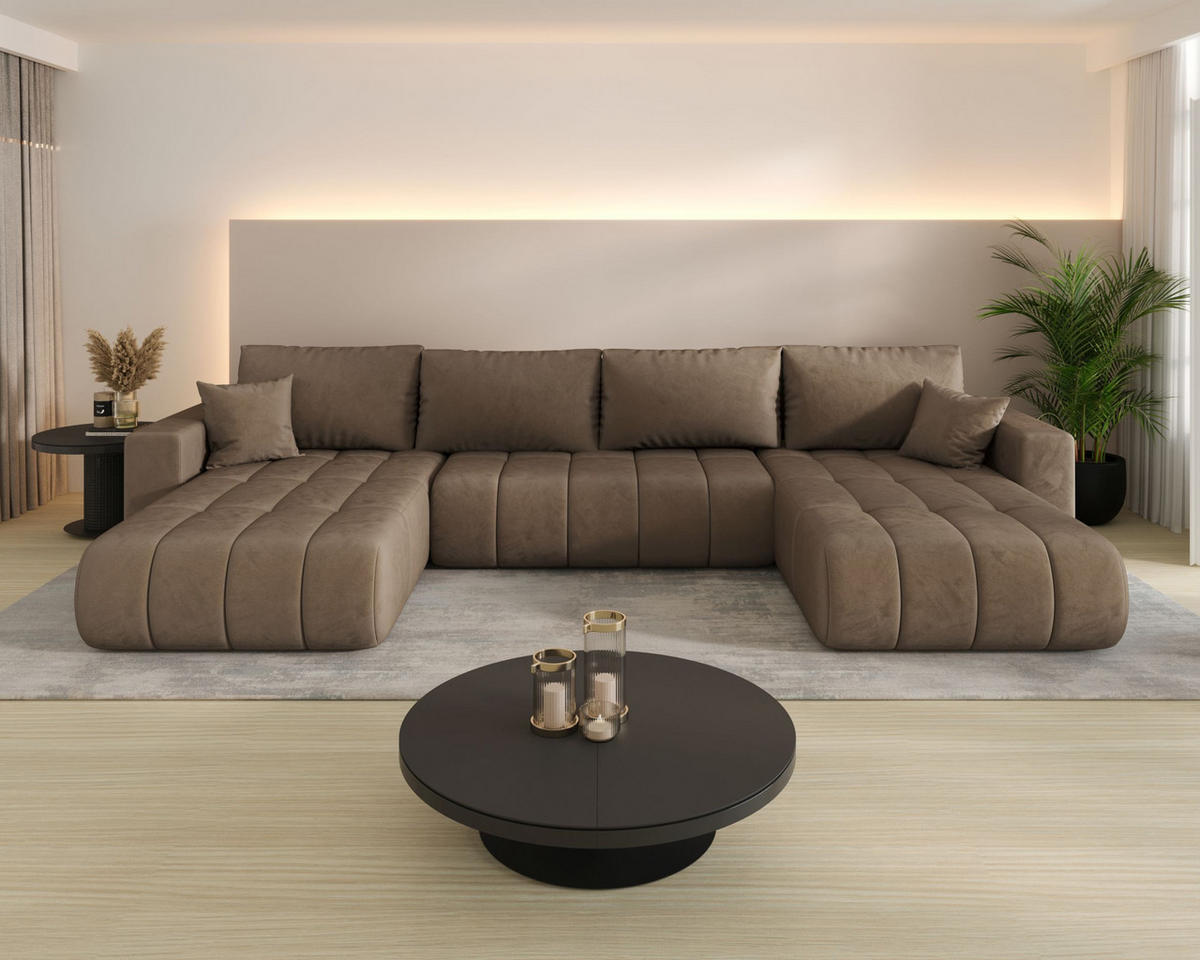 ROHOVÁ pohovka LARA PREMIUM tvar U hnědá samet Monolith 9 - funkce spaní, úložný prostor - hnědá, textil (385/175cm) - Cornero
