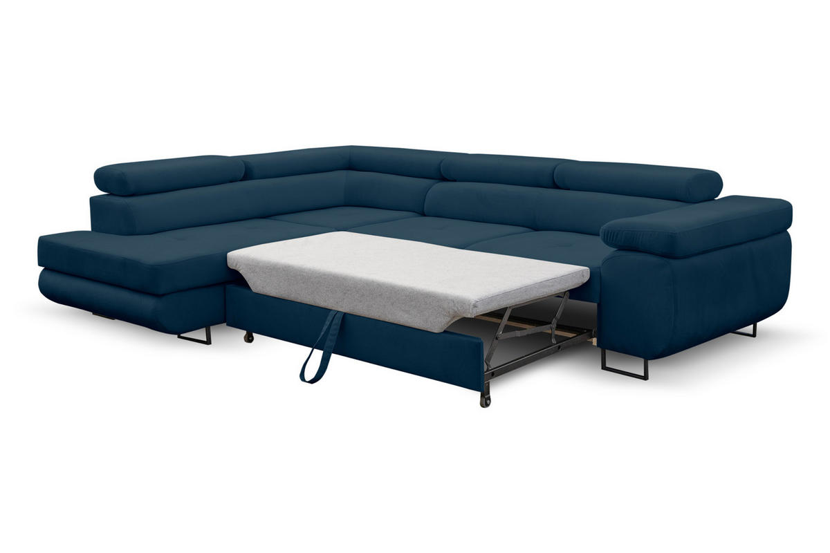 ECKSOFA Jerry in L-Form mit Schlaffunktion und Bettkasten, Farbe: Blau, Veloursstoff, Ottomane Links - Blau, Textil (202/275cm) - VENASI MÖBEL