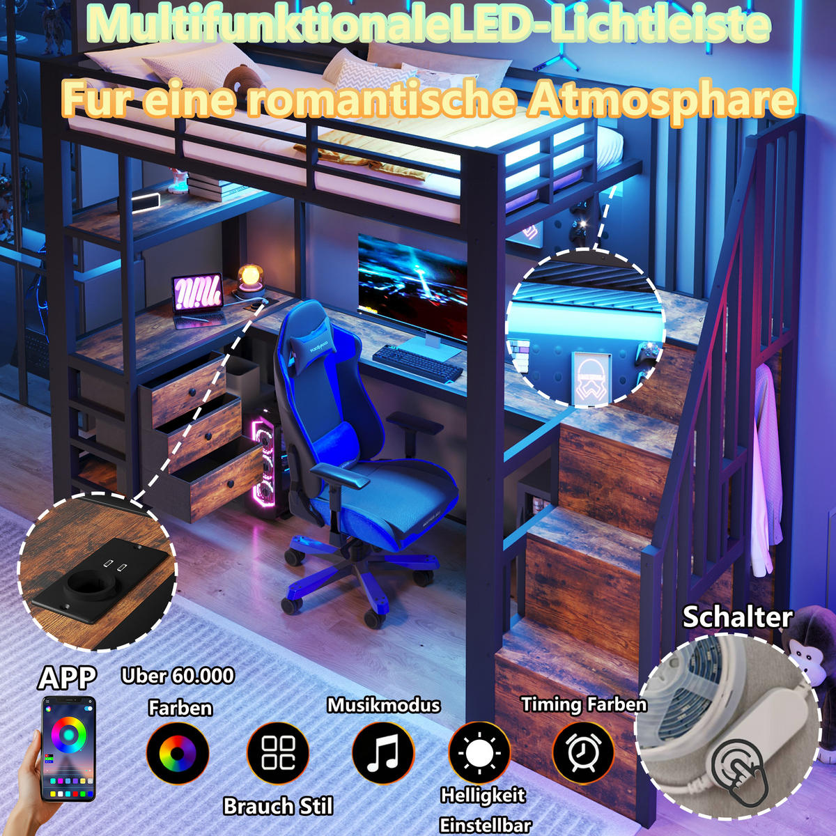 HOCHBETT 90/200 cm in Schwarz mit Schubladen, Ablagefläche, Lochwand, Tisch, LED und Steckdose - Schwarz, Holzwerkstoff/Metall (90/200cm) - WISHDOR