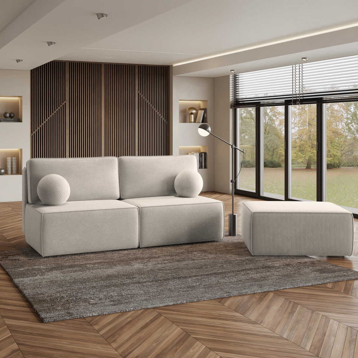 ECKSOFA VARNA P Creme Kordstoff mit Schlaffunktion - Creme, Holz (196/158cm) - MASSENO