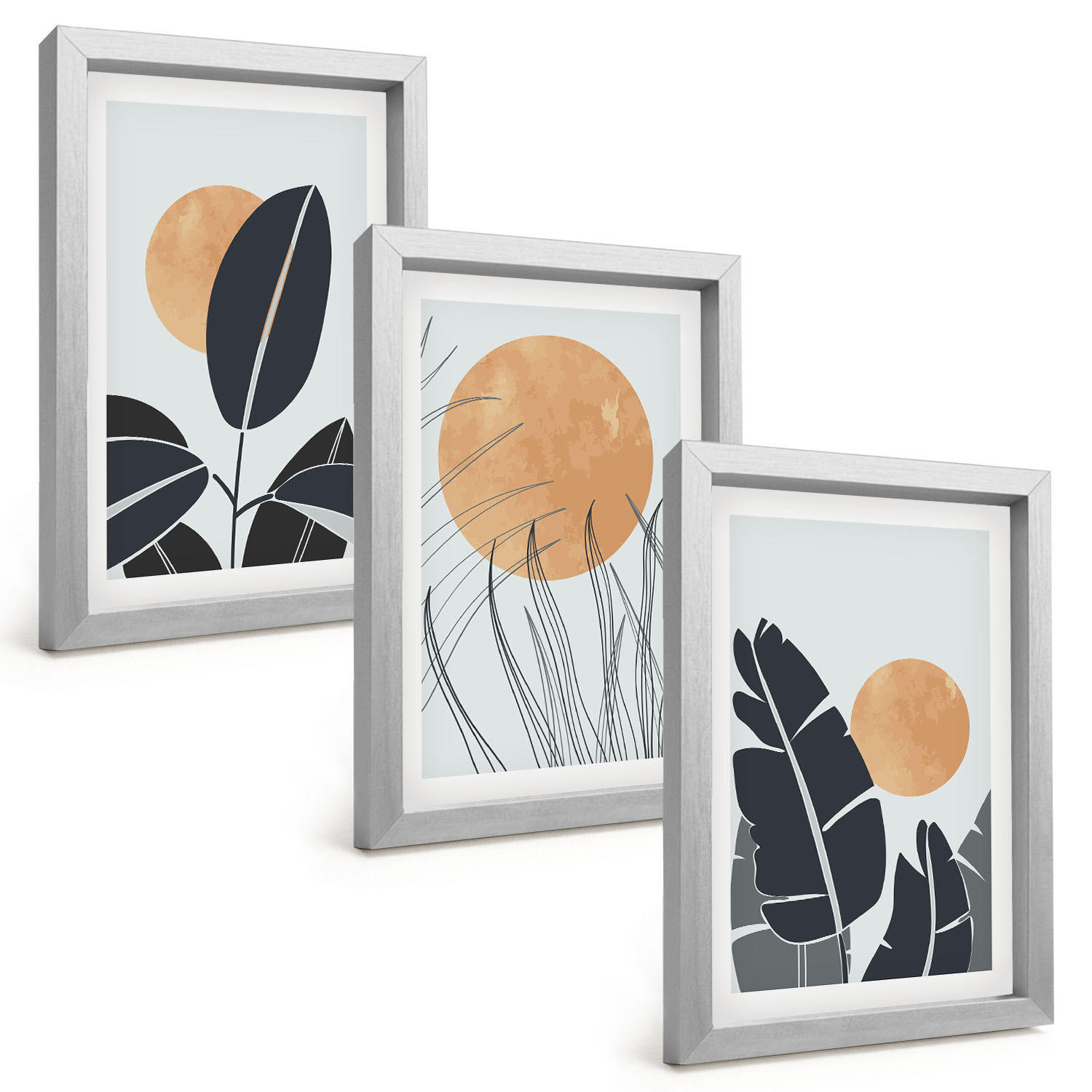 BILDER SET 3er Set - 20x30 cm Silberner Rahmen - Pflanzenmuster große Sonnen minimalistisch - Silberfarben, Kunststoff (20/30cm) - TULUP