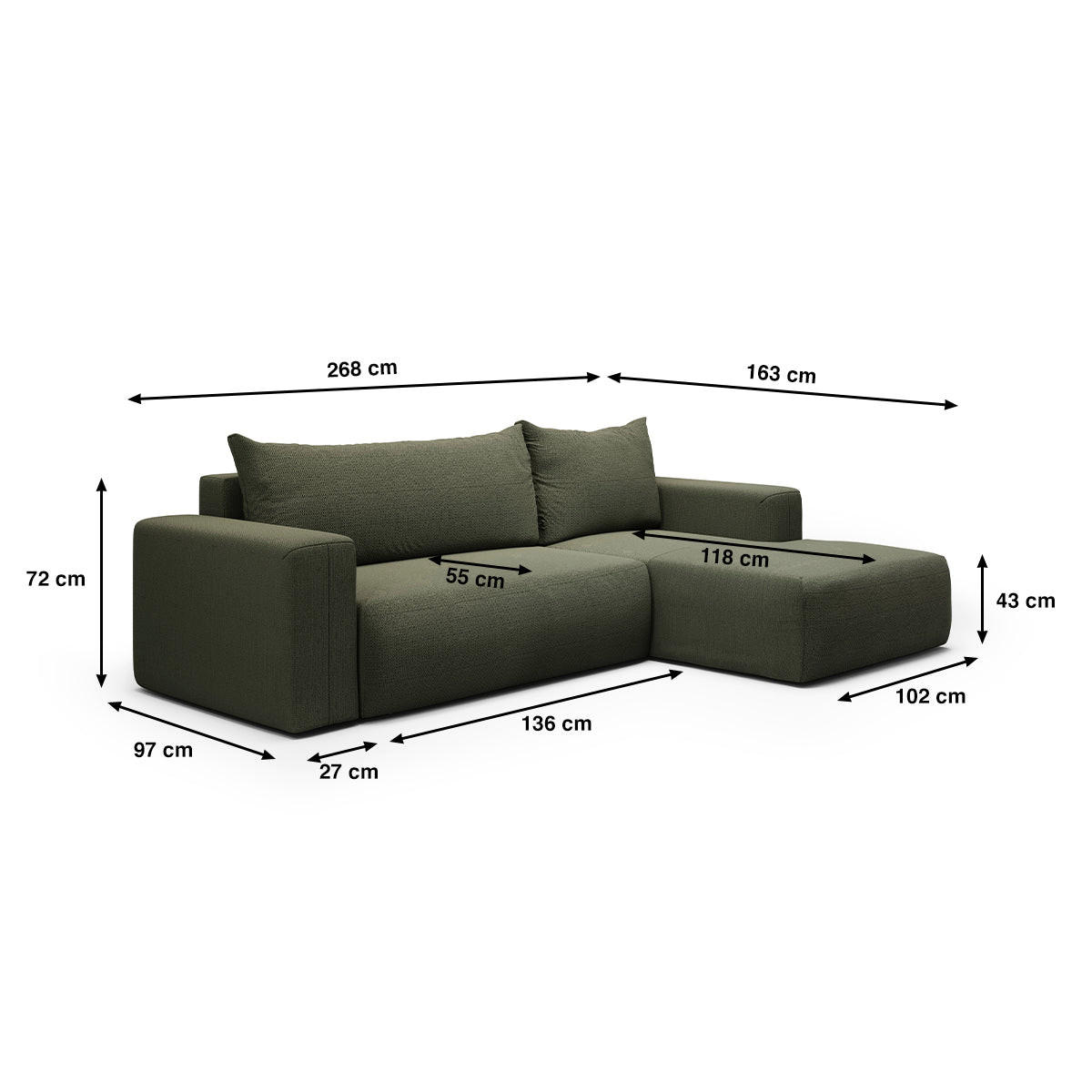 ECKSOFA Bliss 3 Sitzplätze Tannengrün - Grün, Holz (268/163cm) - Petits-meubles