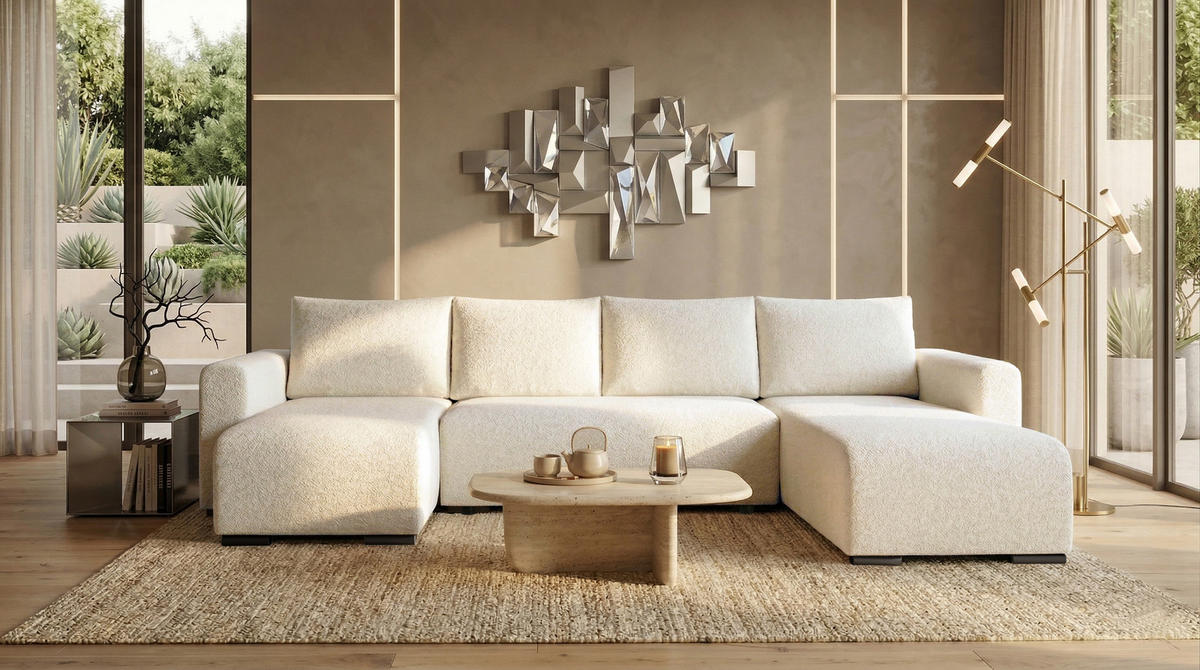 WOHNLANDSCHAFT DORA U mit Bettkasten und Schlaffunktion, U-Form, bequem - Beige, Textil (305/85/140cm) - Storez24