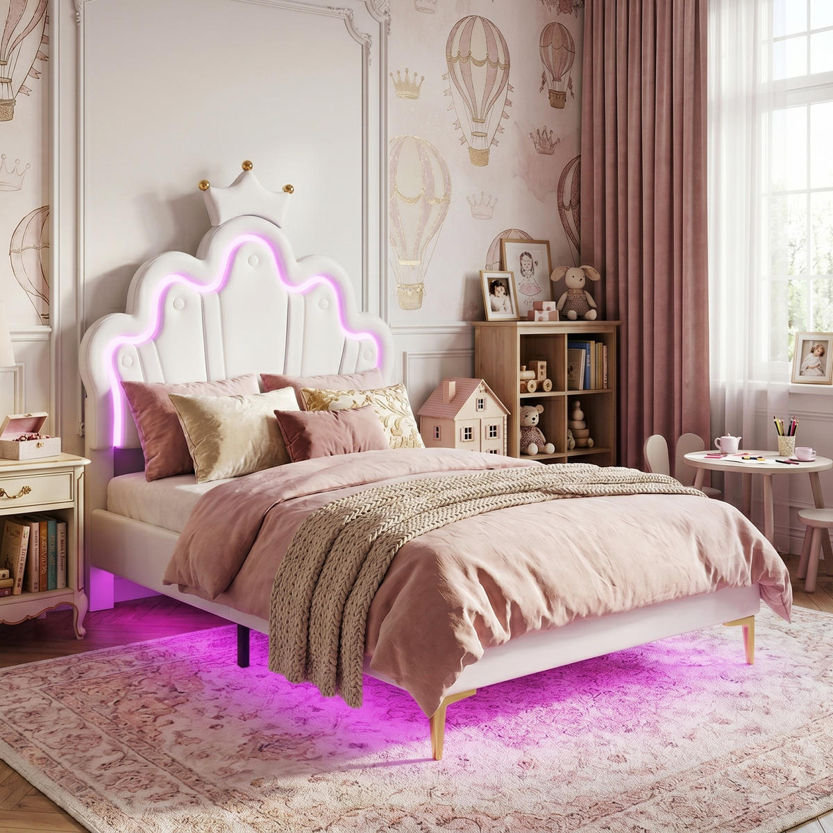 KINDERBETT Bogen-Krone mit 2-Zonen-LED & Goldbeinen 90/200 cm PU-Leder Weiß - Weiß, Leder (90/200cm) - Creahappy