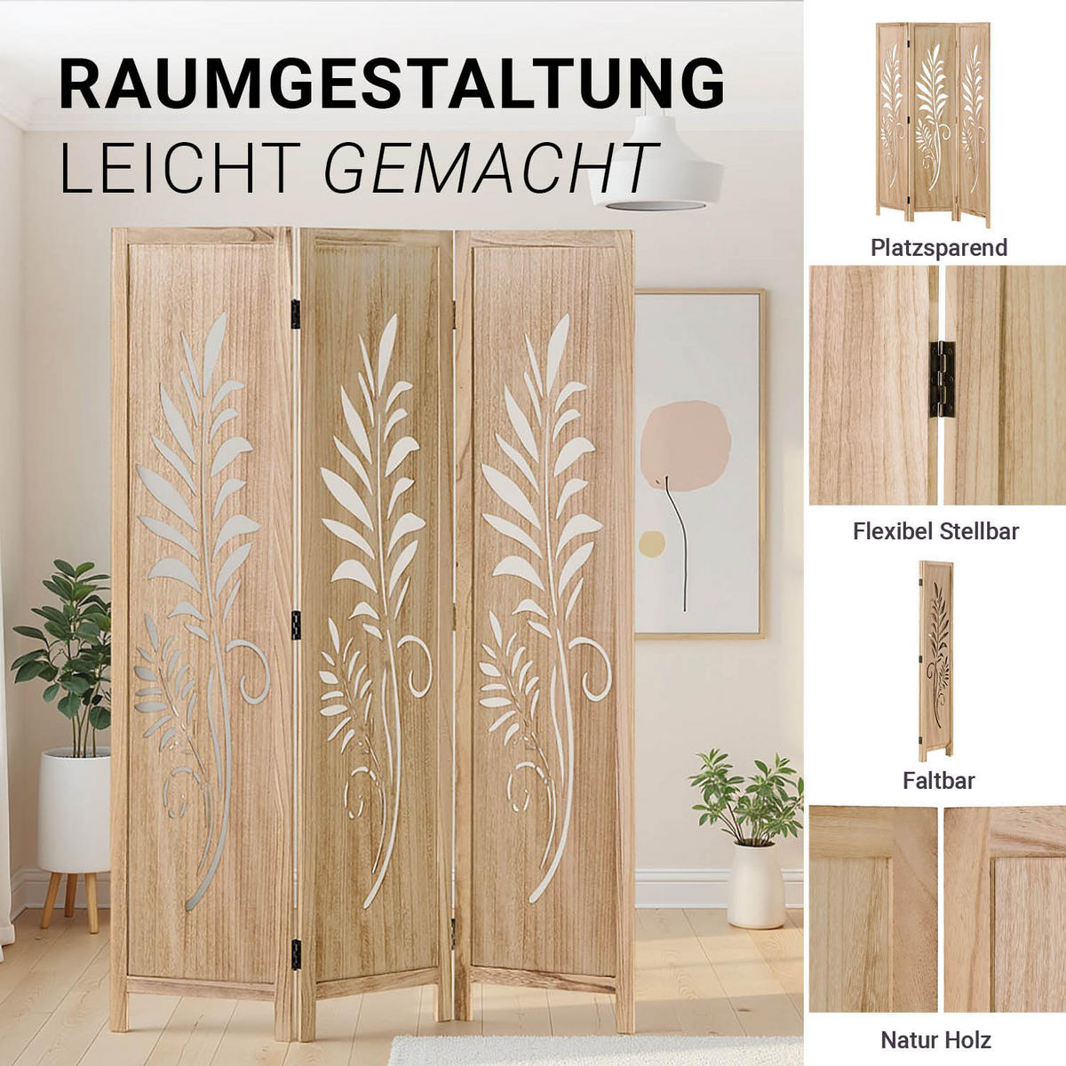 PARAVENT 120/170 cm Natur Holz faltbar - Naturfarben, Holz (120/170/2cm) - Homestyle4u