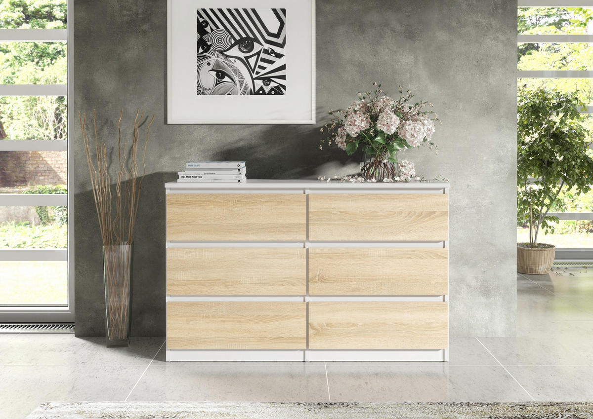 KOMMODE Weiß , Sonoma 120/79/39 - Weiß/Sonoma Eiche, Holzwerkstoff (120/79/39cm) - RAUMHIRSCH FURNITURE