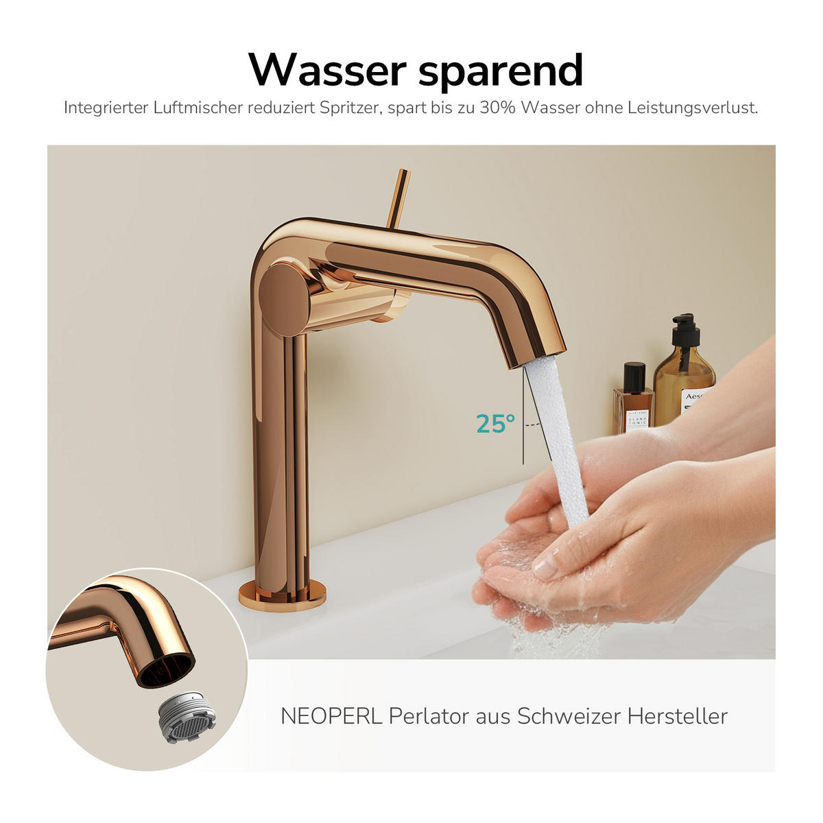 WASCHTISCHARMATUR Ventilkernzertifizierung Rosengold 15cm - Roségold, Metall (20/7.6/22.2cm) - EMKE