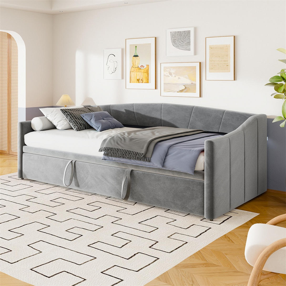 POLSTERBETT 90x200 cm mit Ausziehbett und Lattenrost - für Jugendzimmer & Gästezimmer- ohne Matratze - Grau - Grau, Textil (90/200cm) - DELFA
