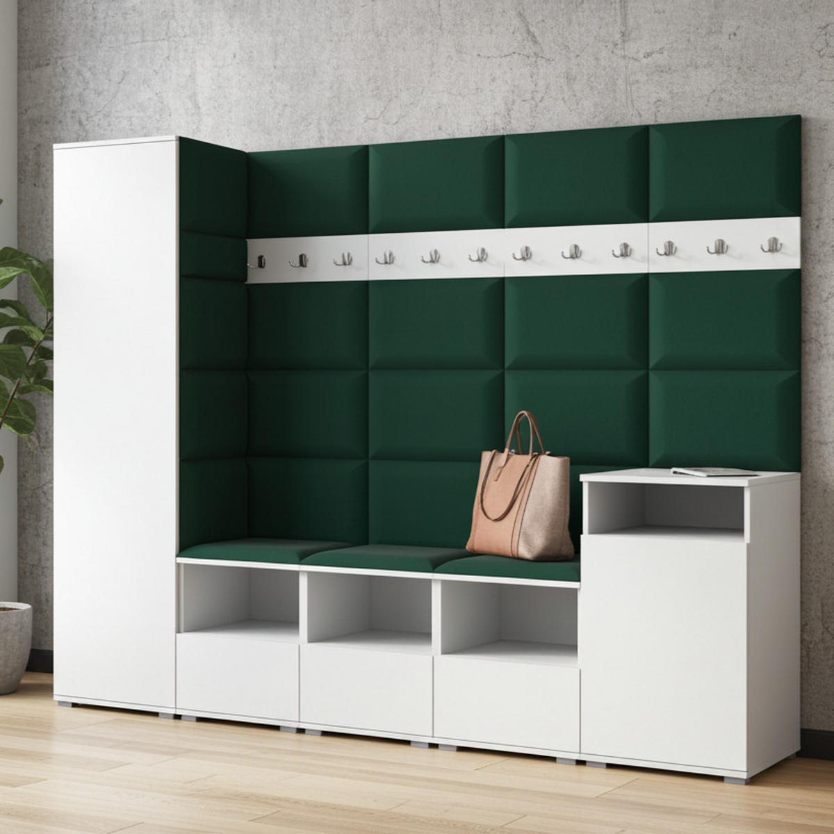 GARDEROBE NELA XI 250 cm (Modulare Flurmöbel Weiß mit Sitzpolster Flaschengrün 28 Großes Set) - Dunkelgrün/Silberfarben, Holz/Holzwerkstoff (250/187/40cm) - Ravio