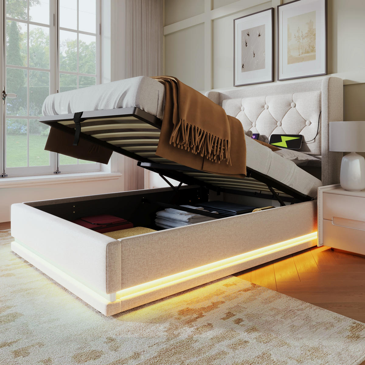 POLSTERBETT 90/200 cm Beige Baumwolle mit Stauraum und USB-Ladefunktion mit Matratze - Beige, Textil (90/200cm) - OKWISH