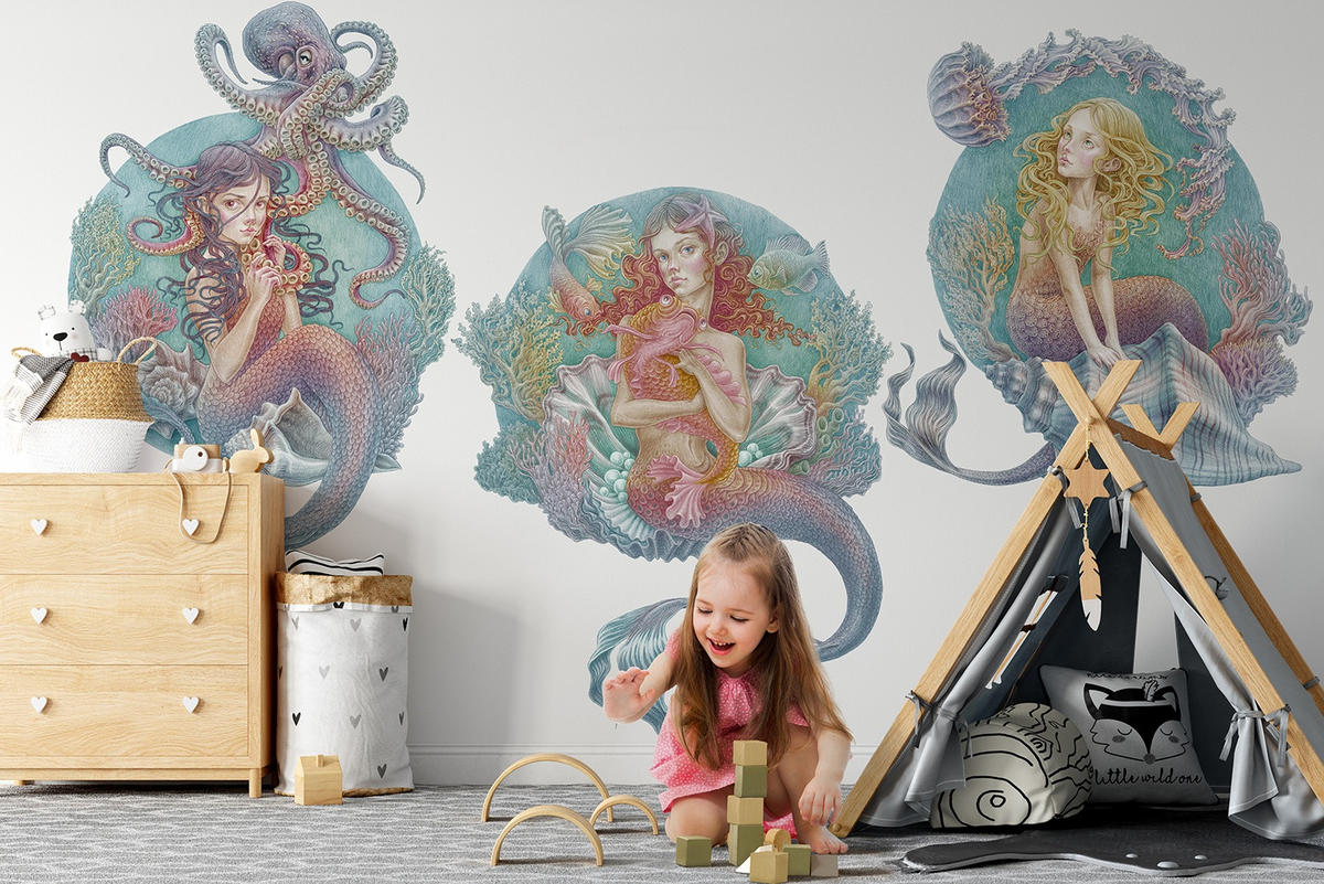 WANDAUFKLEBER 100x128cm - Die kleinen Meerjungfrauen - Multicolor, Kunststoff (100/128/0.1cm) - Wallfluent