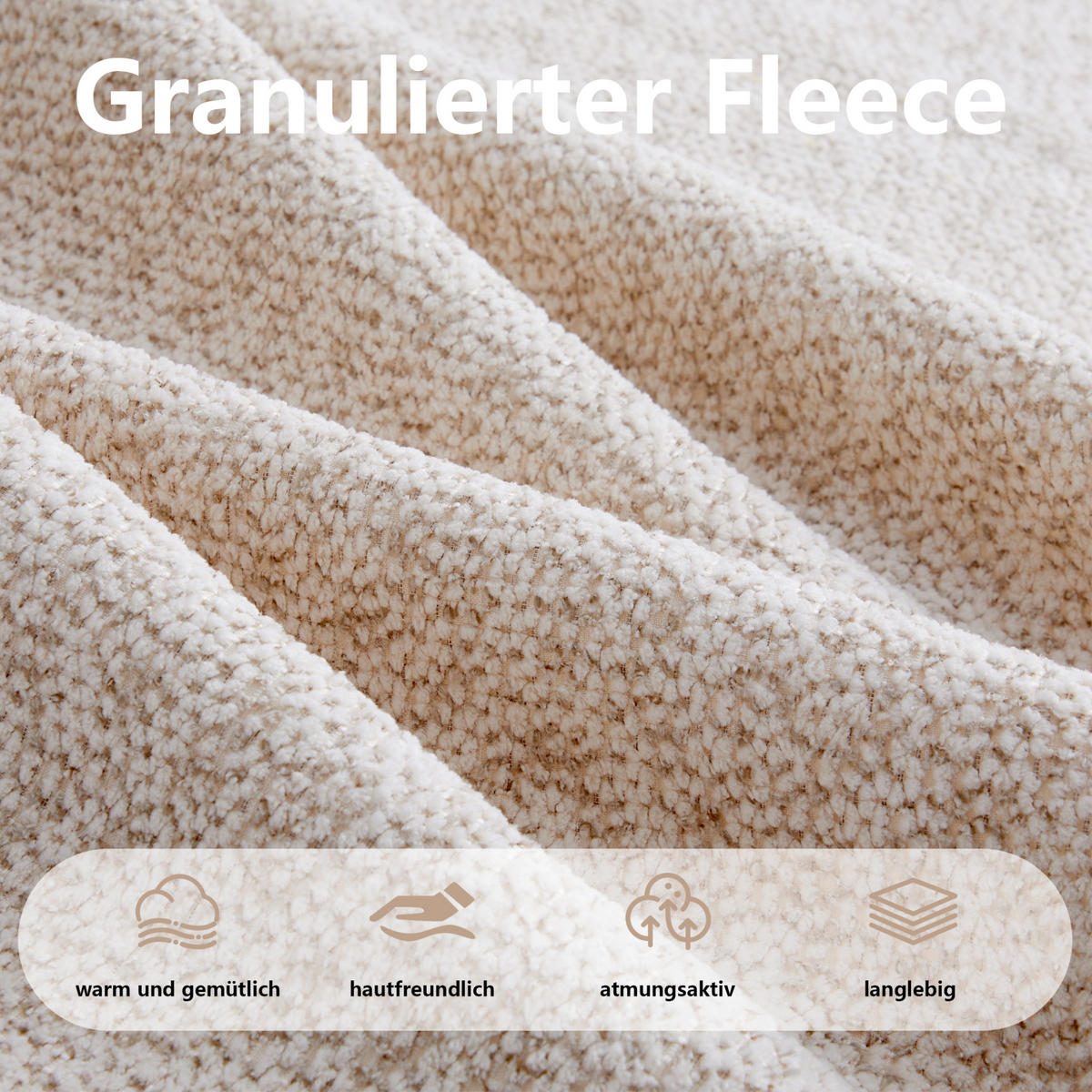 SOFA in Beige Weiß aus Granuliertem Fleece mit Ottomane - Beige, Textil (104/79/288cm) - Flora Grace
