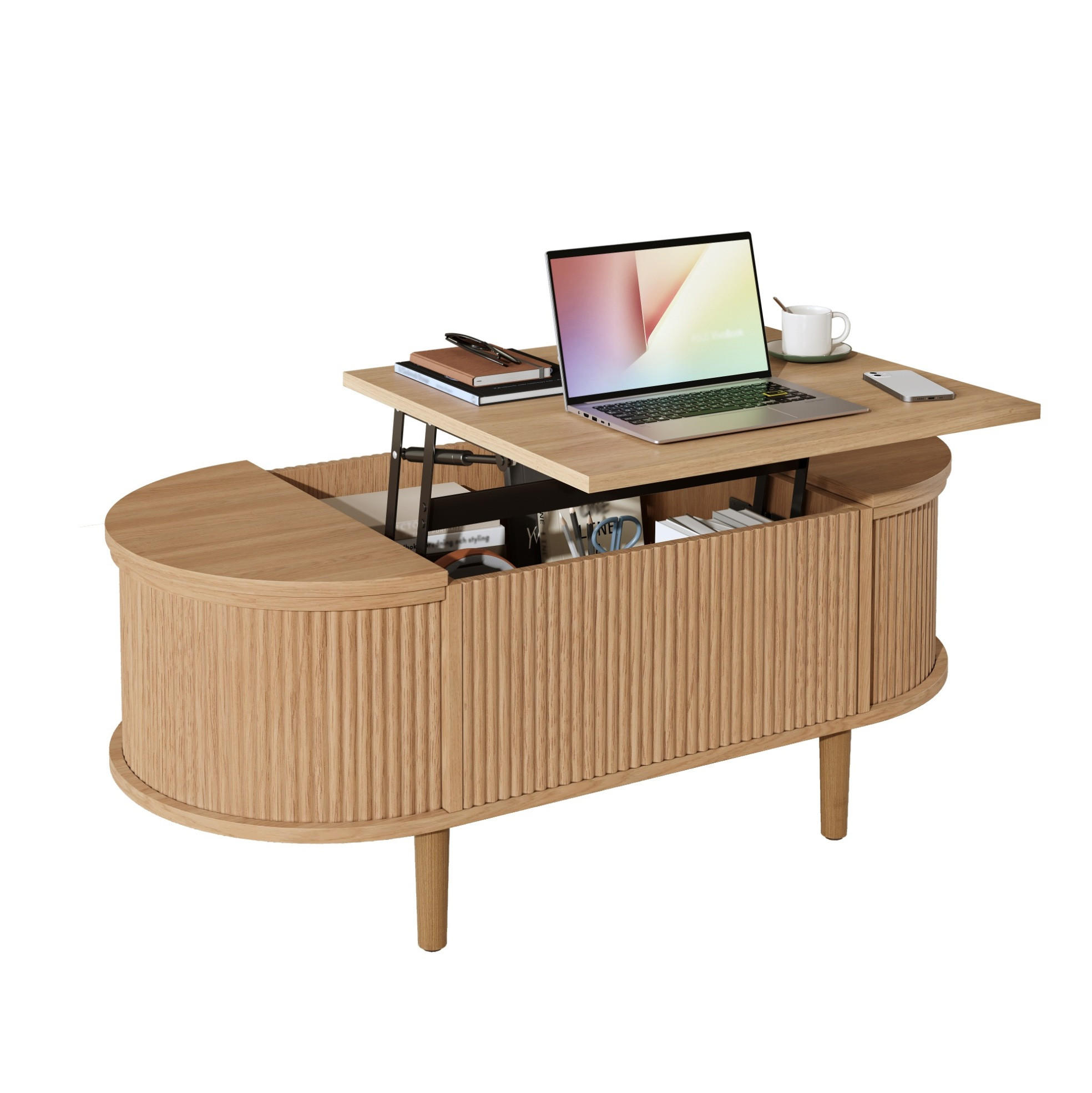 COUCHTISCH 100/48/53,5 cm mit höhenverstellbarer Tischplatte, Stauraum und ovalem Design aus MDF, Eiche - Eichefarben, Holzwerkstoff (100/48/53.5cm) - Modfu
