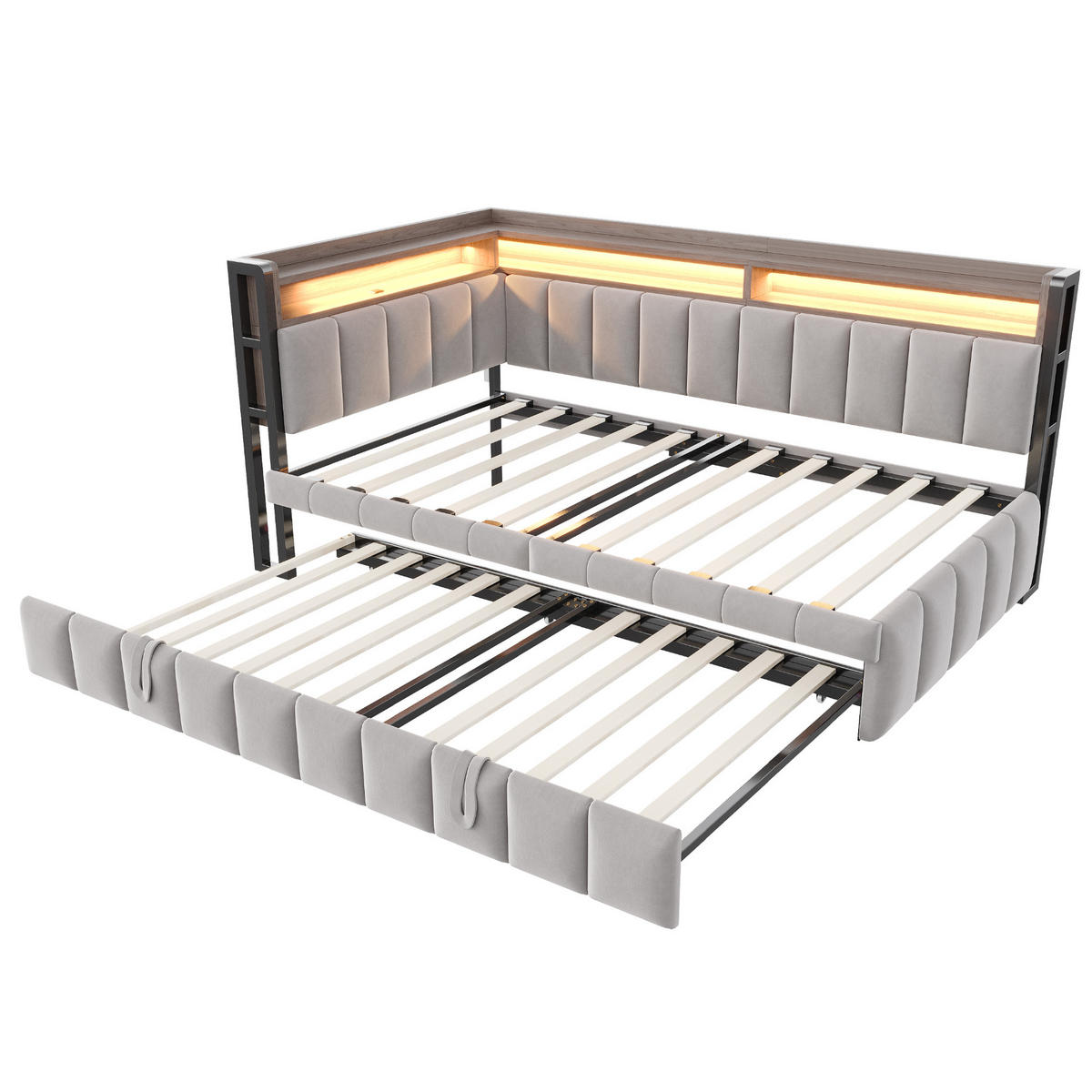POLSTERBETT Schlafsofa aus Samt 90x200 cm Hellgrau mit Ausziehbett, LED-Beleuchtung und USB-/Typ-C-Anschlüssen - Hellgrau, Textil (90/200cm) - Modfu