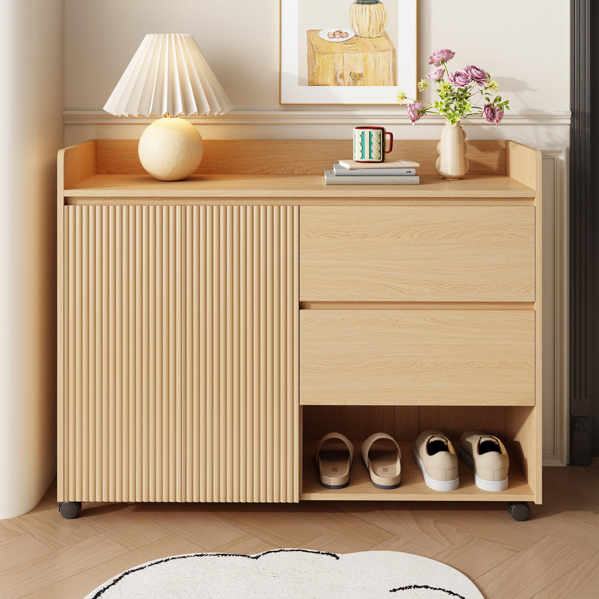 SCHUHSCHRANK 110/35/86 cm mit Rollen, Schubladen und verstellbaren Einlegeböden, Natur - Naturfarben, Holzwerkstoff (110/86/35cm) - Redom