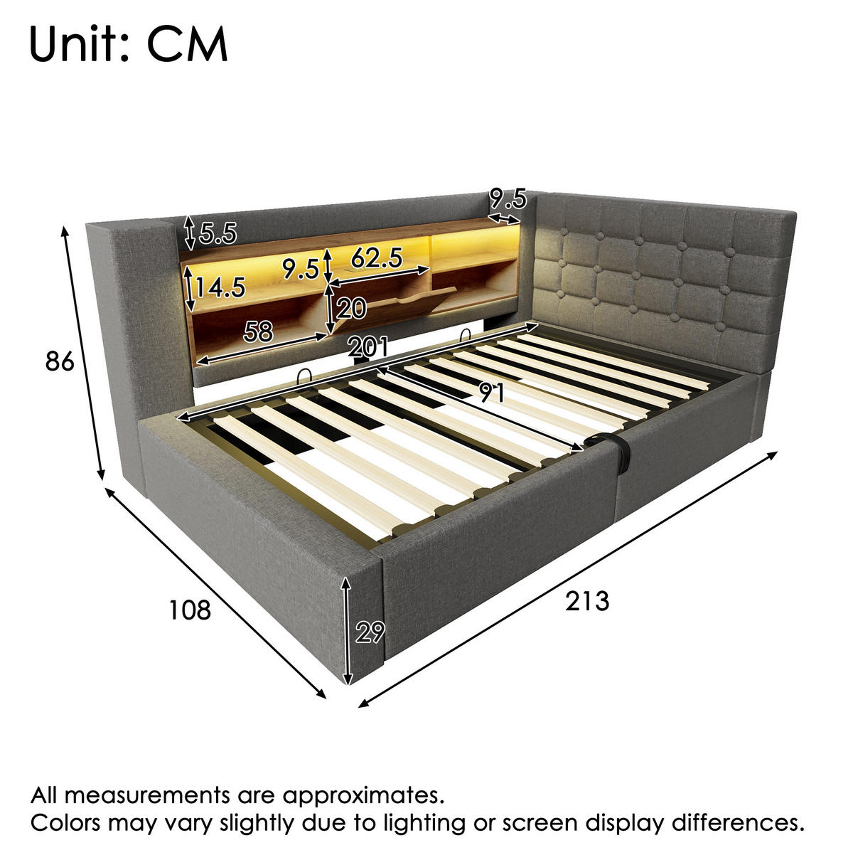 BETT mit LED und Stauraum inkl. Matratze 90x200 cm Leinen Grau - Grau, Metall (90/200cm) - Meubliv
