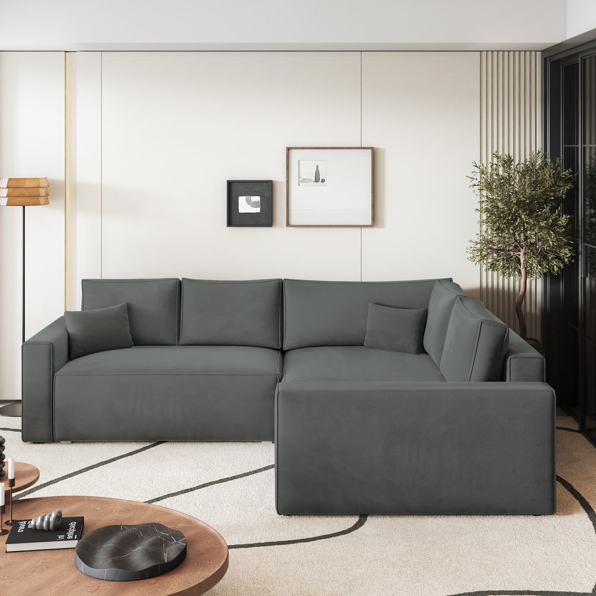 ECKSOFA ERONIS R-S Grau Velours-Stoff mit Schlaffunktion - Grau, Holz (265/194cm) - MASSENO