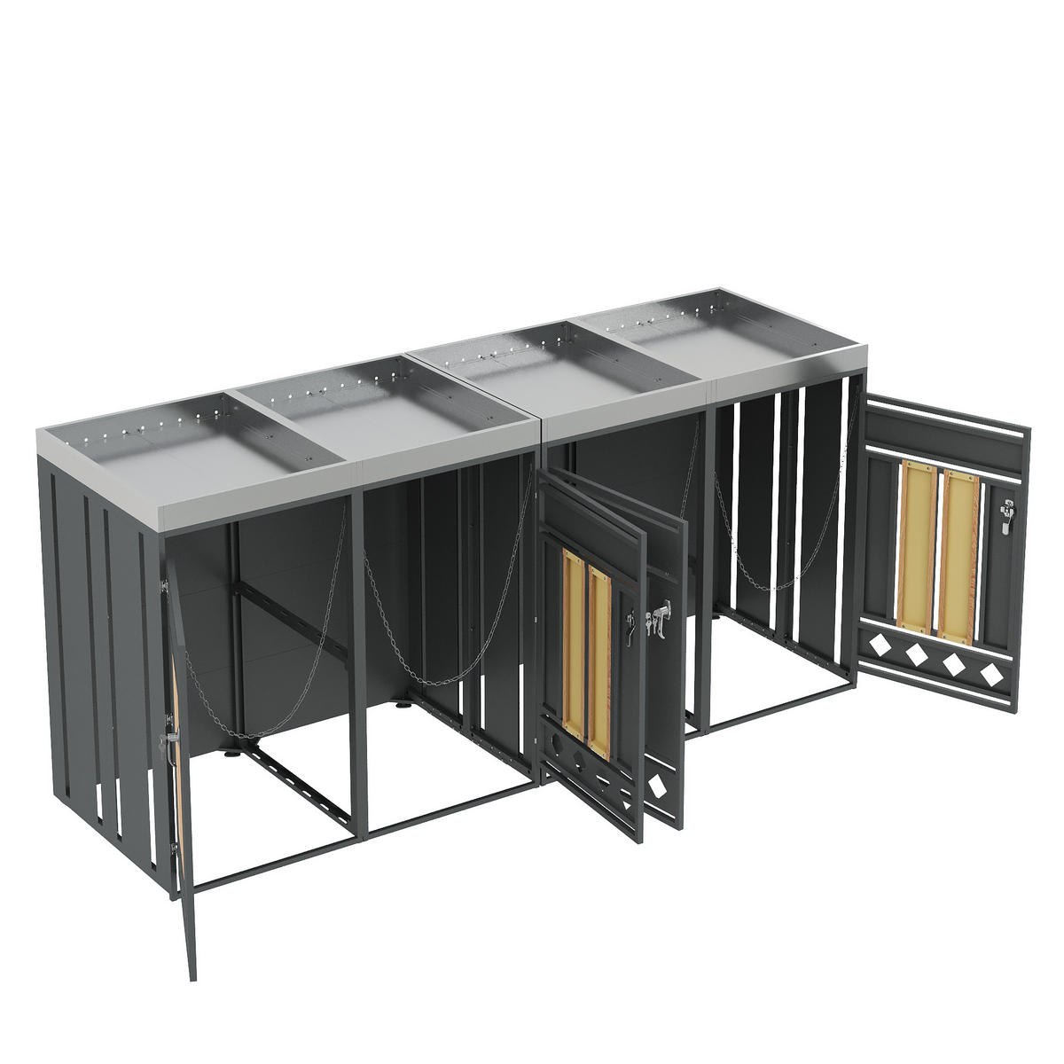 MÜLLTONNENBOX aus Stahl in Grau/Holzoptik mit Pflanzkasten & 4 Türen 264x80x124,5 cm - Grau, Metall (264/124.5/80cm) - Modfu