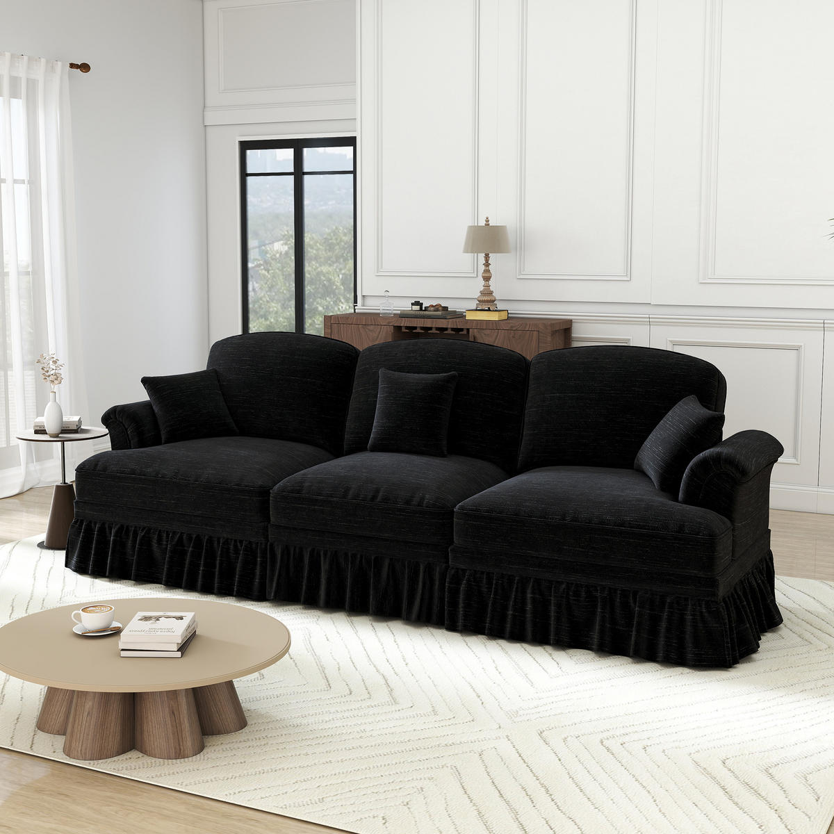 3-SITZER-SOFA DE-34092 mit abnehmbarem Volant Schwarz - Schwarz, Textil (83.5/93/272cm) - ComfortXL