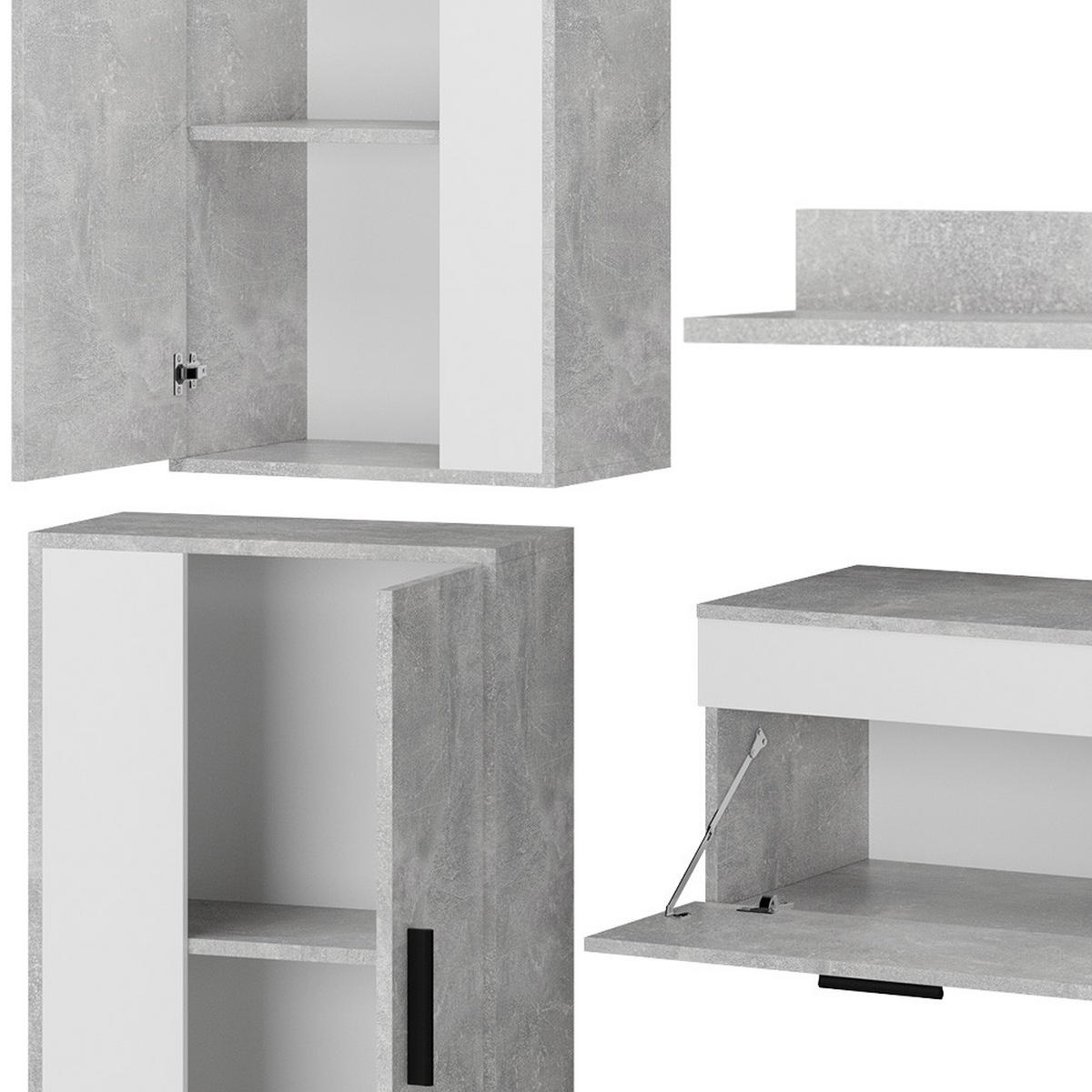 WOHNWAND Berno Beton 4er Set - Weiß/Grau, Holzwerkstoff (140/38.7/35.2cm) - Vicco