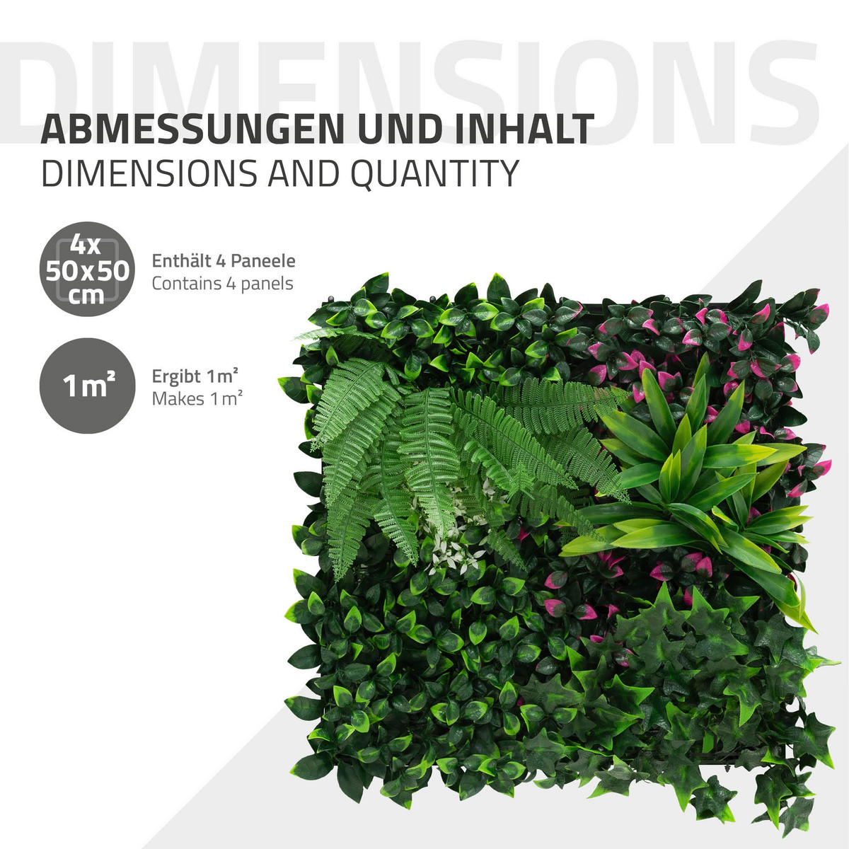 KÜNSTLICHE PFLANZENWAND 4er Set 50x50 cm Kunstpflanzen Wand Innen Aussen Grün Jungle Fern - Waldgrün/Pink, Kunststoff (50/50/10cm) - ECD-Germany
