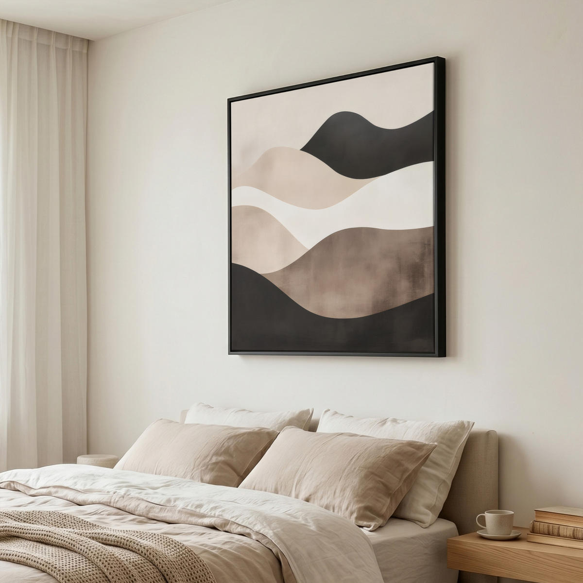 LEINWAND Bilder mit Rahmen - Abstrakt - Landschaft - Wellen - Cremefarben - 90x90 - Cappuccino, Textil (90/90cm) - MuchoWow