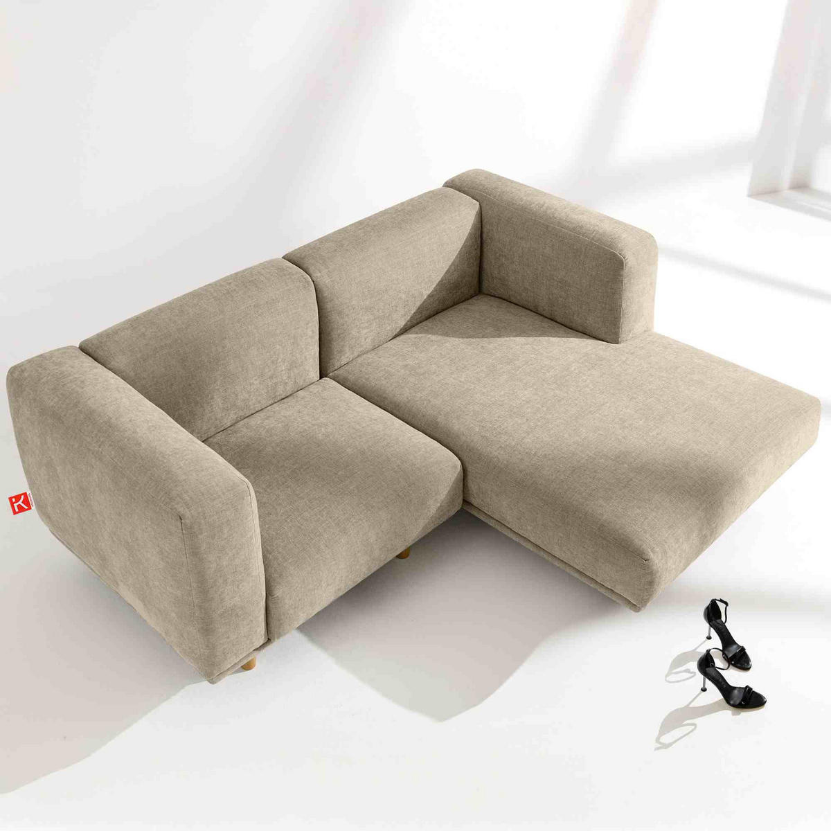 ECKSOFA-RECHTS FOSERO, Chenille-Stoff - Beige/Buchefarben, Holz/Holzwerkstoff (204/155cm) - KONSIMO®
