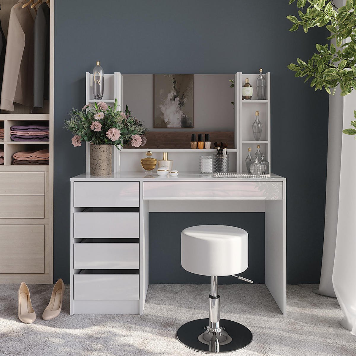 SCHMINKTISCH Sherry Weiß/Weiß Hochglanz 119.8 cm 5 Teile - Weiß Hochglanz, Holzwerkstoff (119.8/76/50.1cm) - Vicco