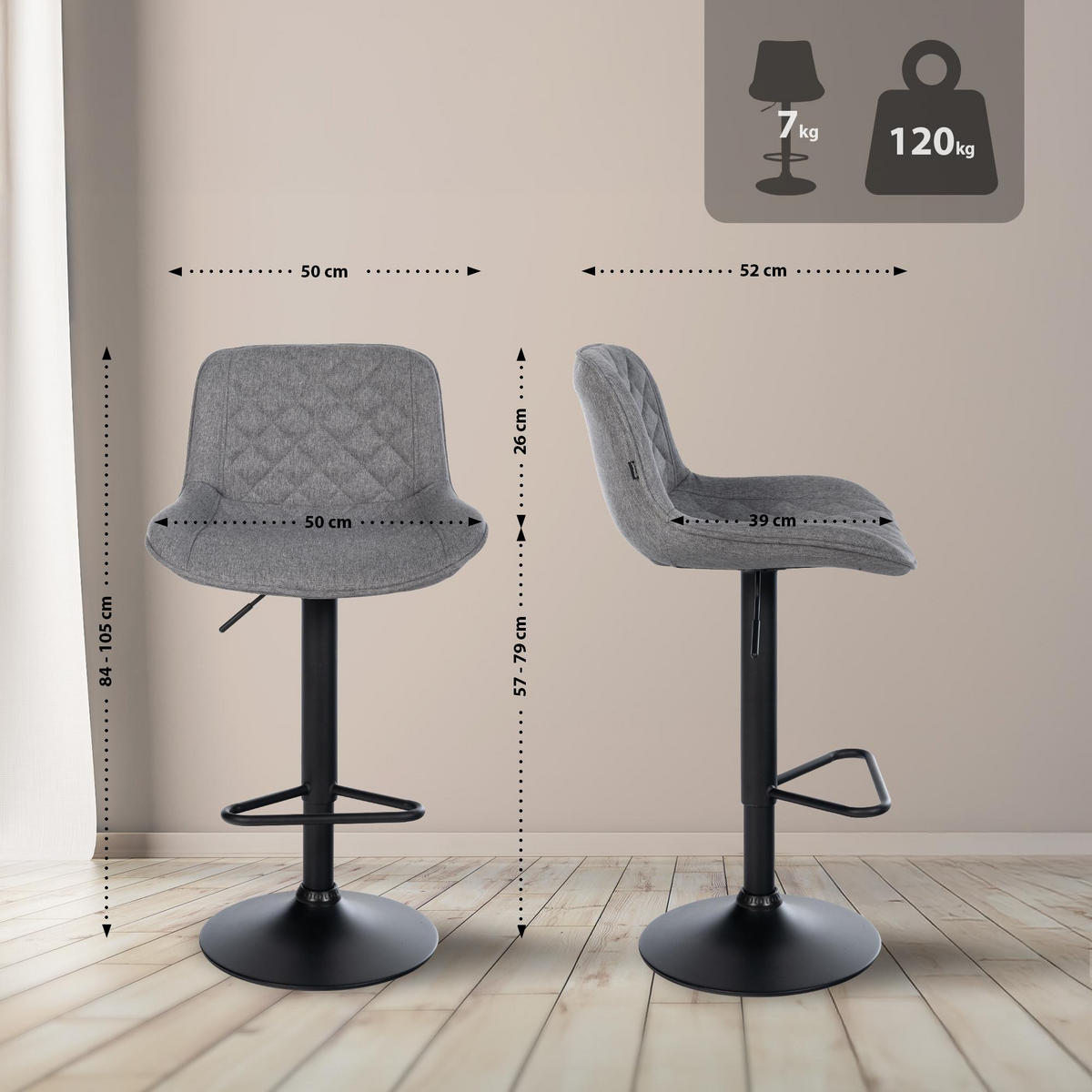 BARHOCKER Stoff Dunkelgrau - Dunkelgrau/Schwarz, Textil/Metall (50/84/52cm) - CLP
