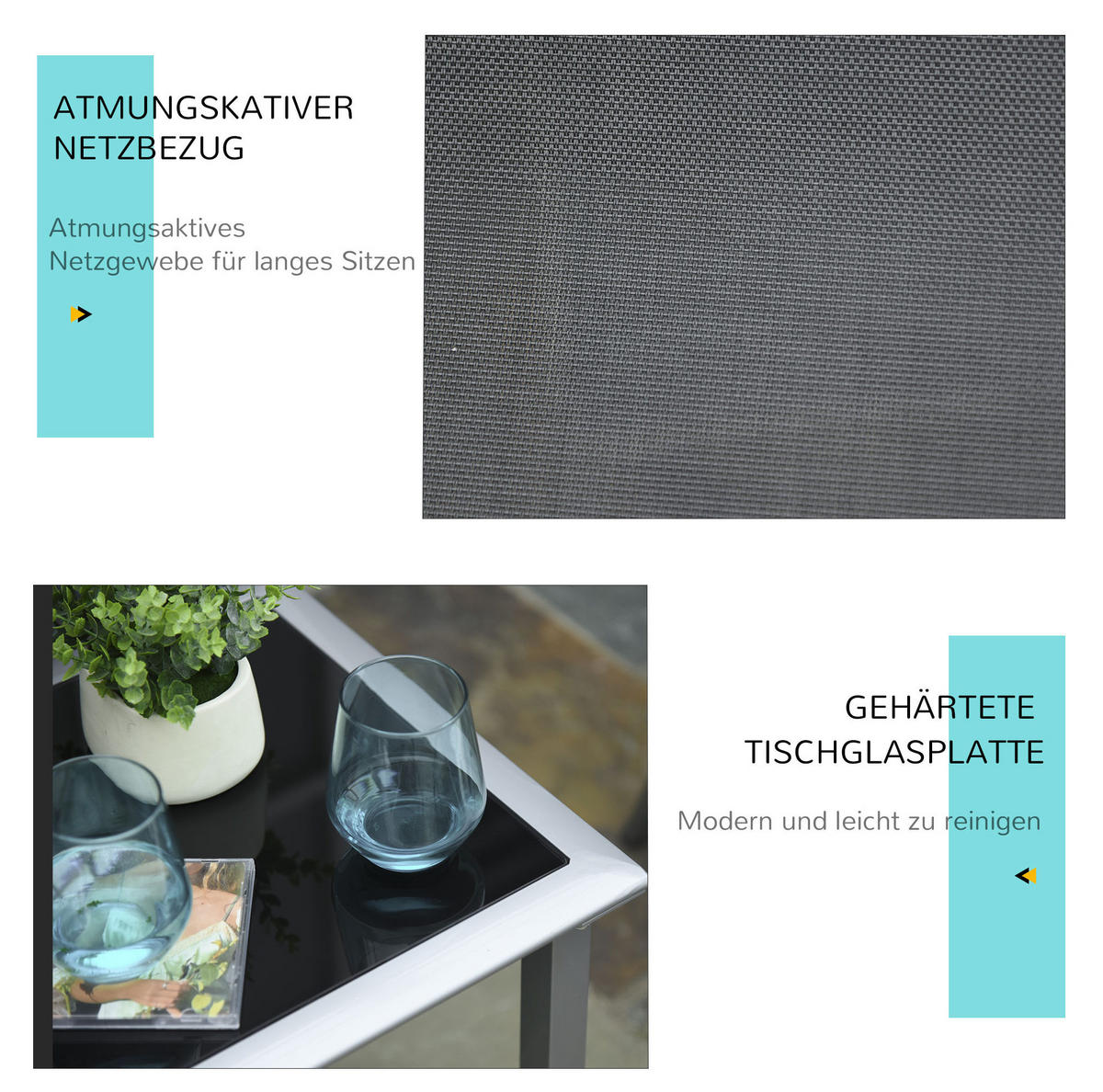 GARTENSET aus Metall 169x59x66 cm Schwarz mit Beistelltisch und atmungsaktiver Bespannung - Schwarz, Metall - Modfu