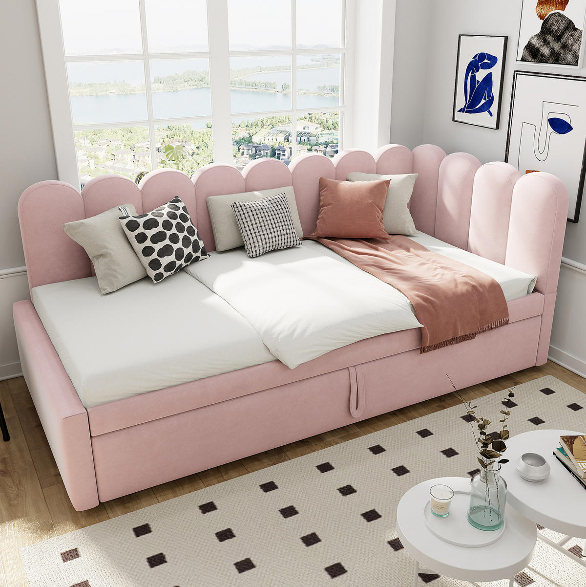 POLSTERBETT 90/180×200 cm in Rosa aus Samt mit L-Form - Pink, Textil (180/200cm) - Flora Grace