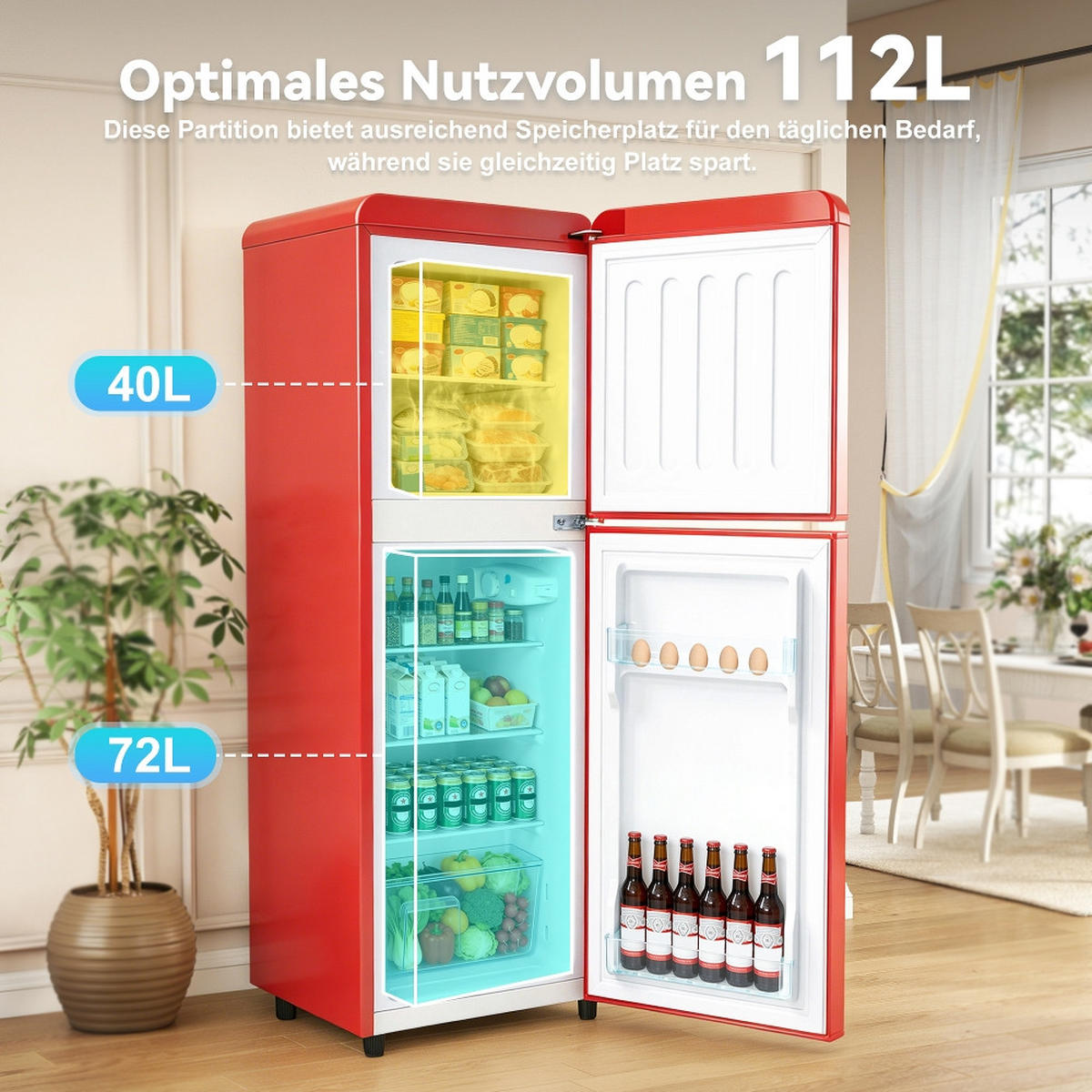 KÜHL-GEFRIER-KOMBINATION mit Gefrierfach, 112L KOMPAKTKÜHLSCHRANK, 7 Temperaturstufen, Rot, für Büro und Küche, 41/114,5/48,5 cm - Rot, Metall (47.5/121.5/47.5cm) - Rolipo