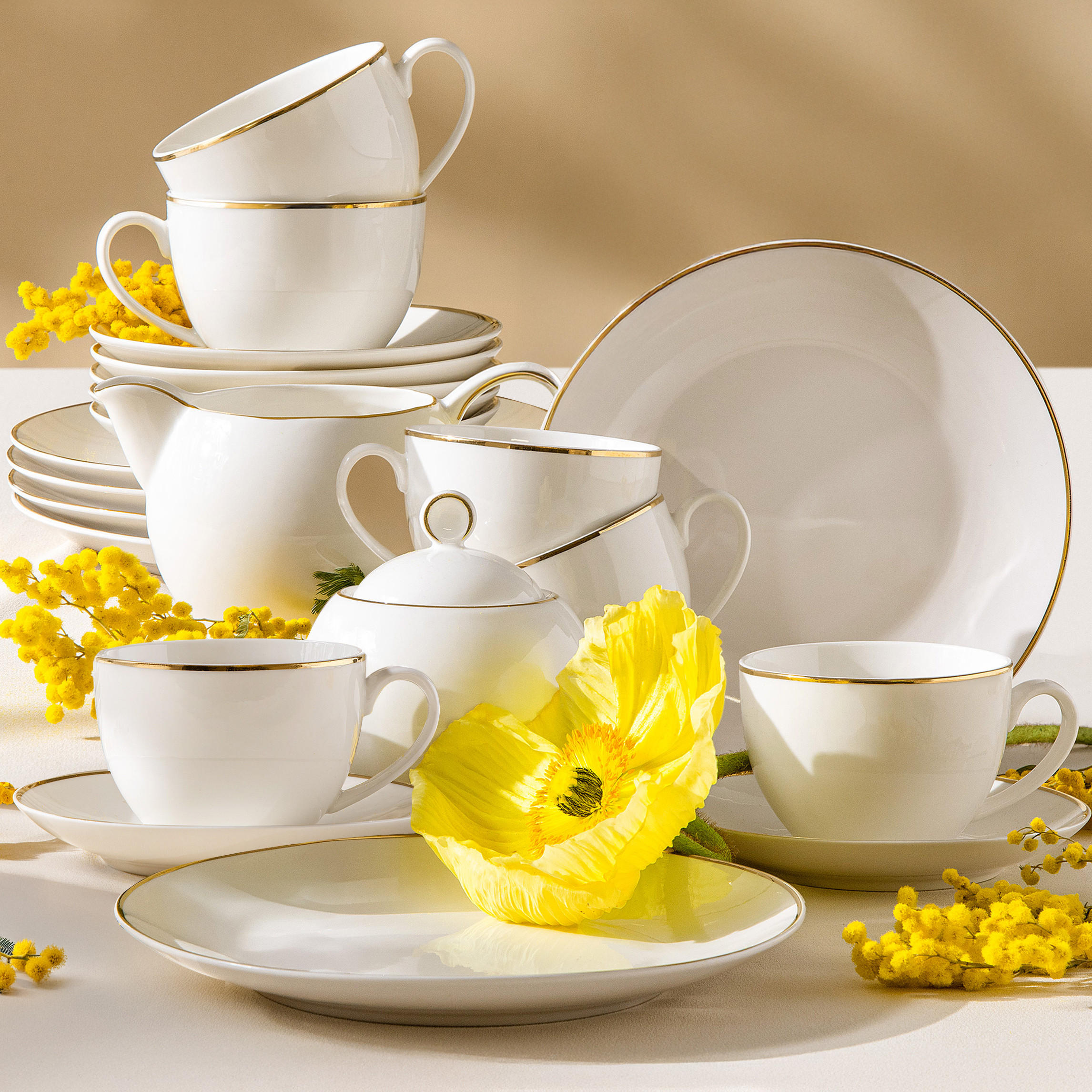KAFFEESERVICE AD BELLA, 6 Personnen, 20-tlg - Ecru/Goldfarben, Keramik (20/13/20cm) - KONSIMO®