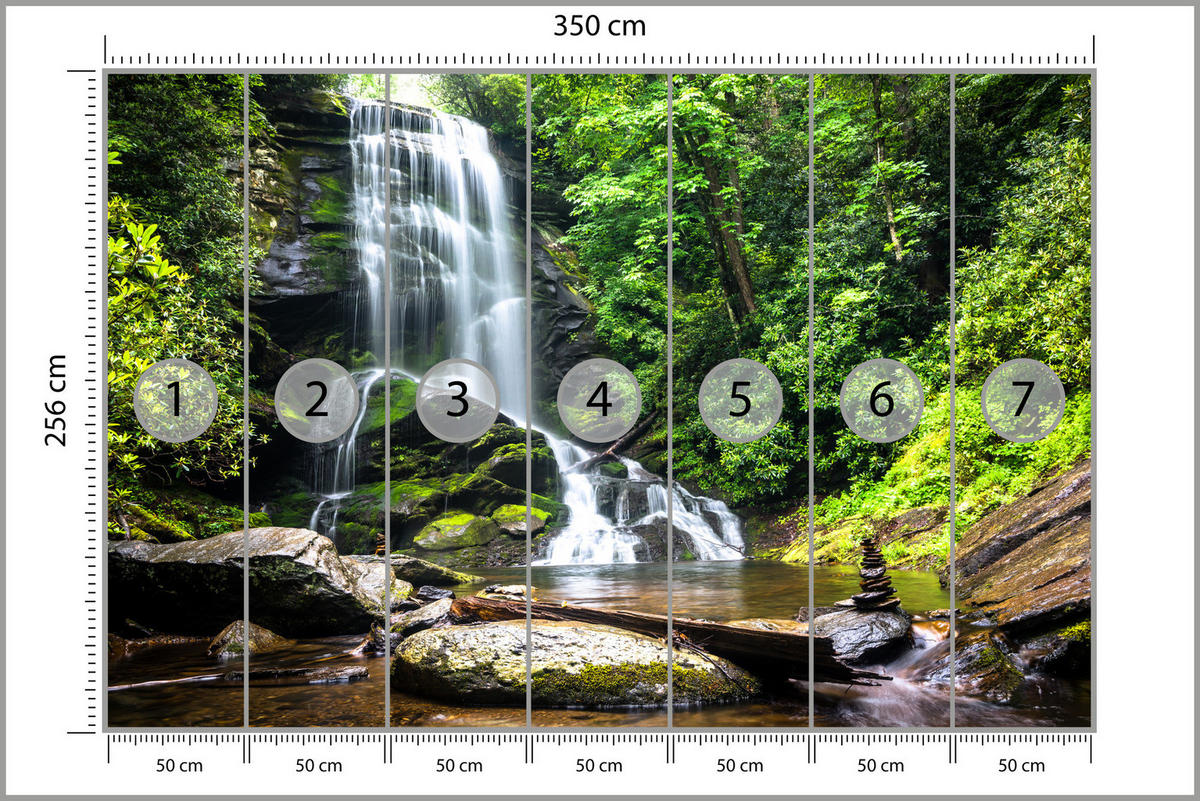 FOTOTAPETE Wasserfall im Dschungel Bäume Felsen 3D 350x256 - Braun/Weiß, Papier (350/256cm) - Muralo