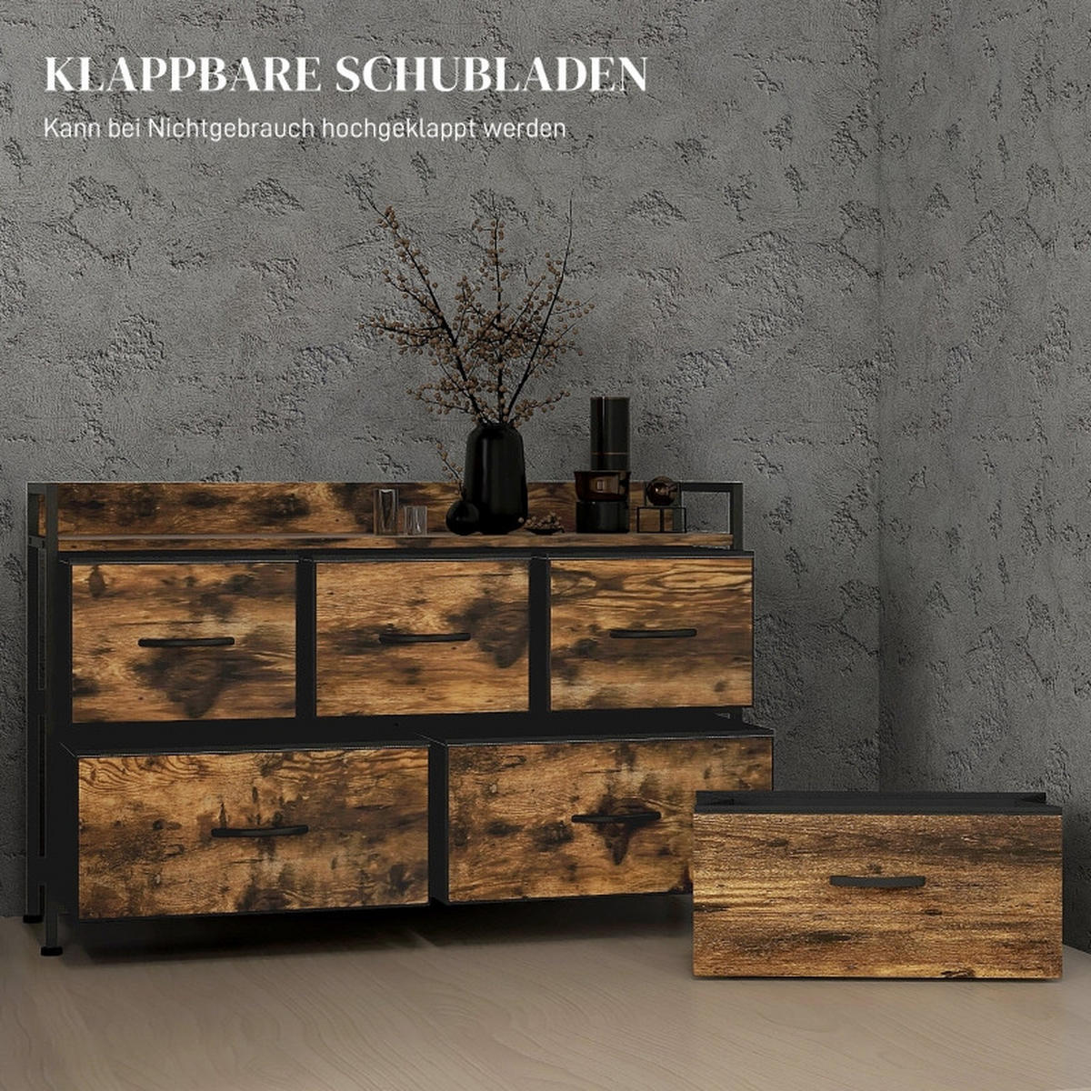 KOMMODE mit 5 Schubladen und verstellbaren Einlegeböden, 98 x 29 x 63 cm, Braun, Polyester - Braun, Textil (98/63/29cm) - SONNENH