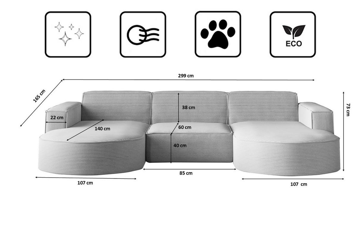 ECKSOFA Designer MODENA U STUDIO Stoff Dicker Cord Hellgrau - Hellgrau, Holz (165/299cm) - Kaiser Möbel