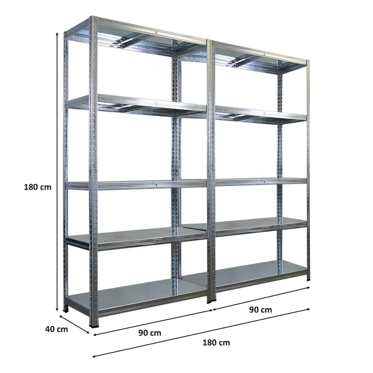 SCHWERLASTREGAL Ragnar 2er-Set 180x90x40cm 5 Stahlplatten-Ebenen Fachlast 125 kg Verzinkt - Schwarz, Metall (90/180/40cm) - PROREGAL