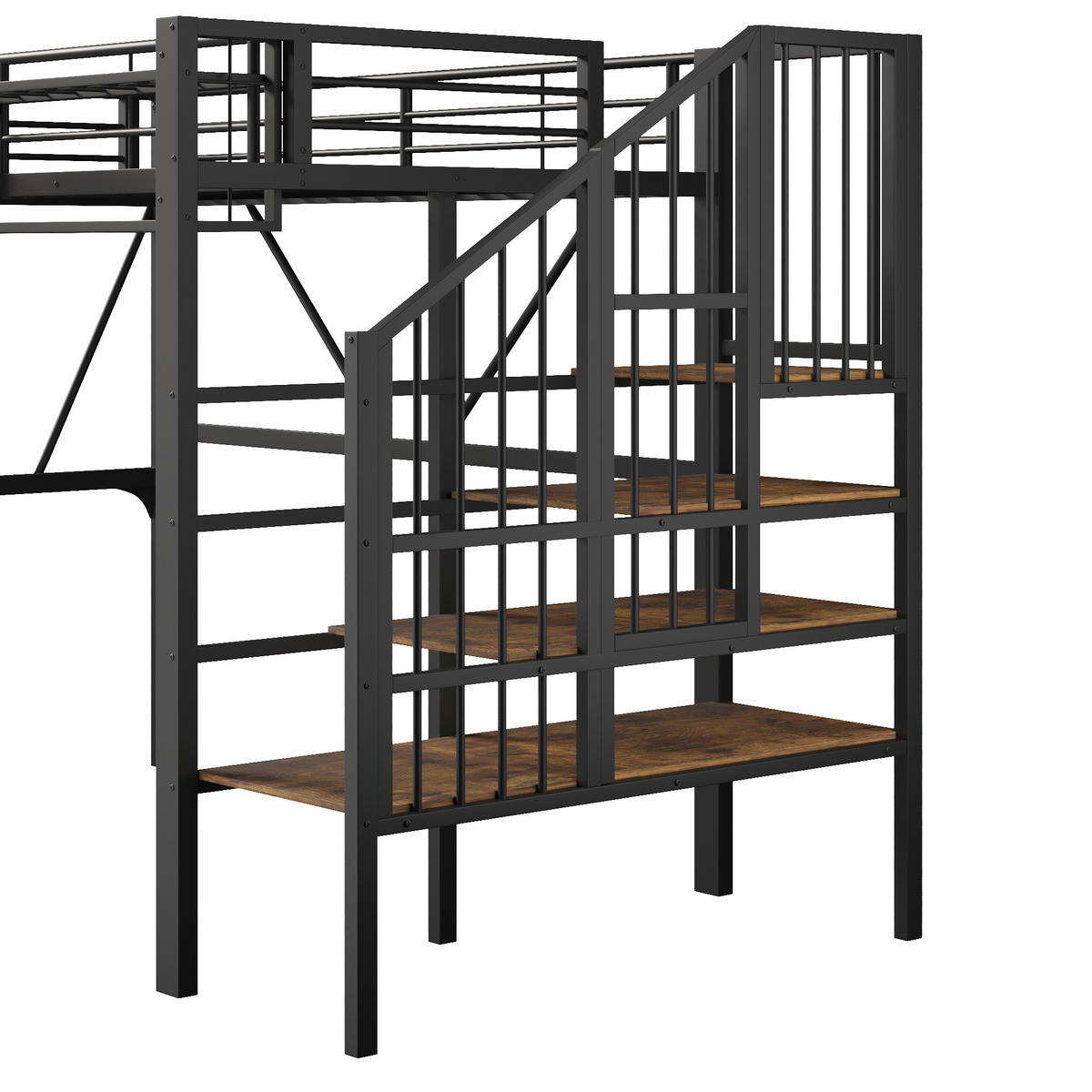 HOCHBETT 90/200 cm in Schwarz mit Stufenregal, Gitterelementen, Stauraum und LED aus Metall und MDF - Schwarz, Metall - STILVORA
