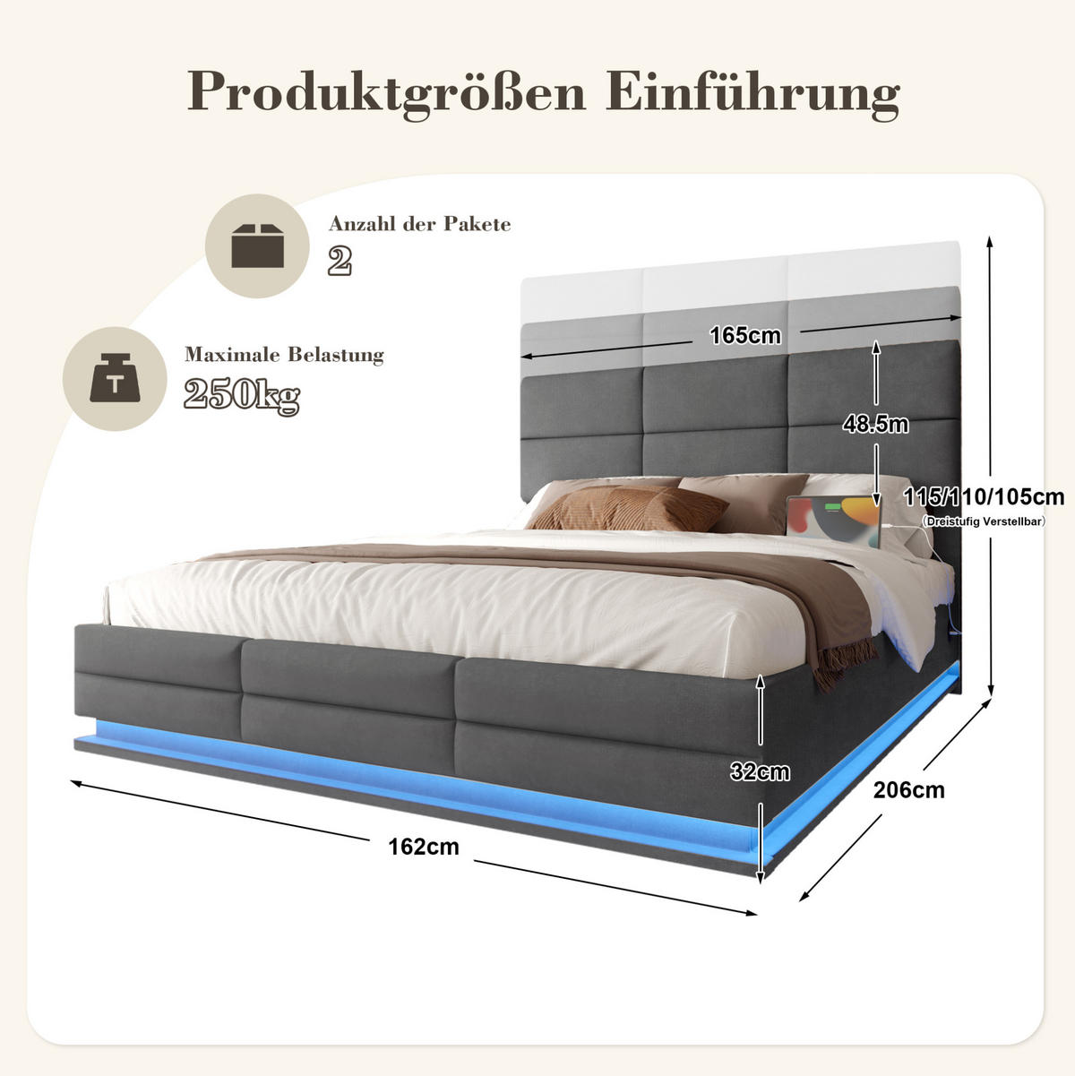 POLSTERBETT 160/200 cm dunkelgrau aus Samt mit LED, USB und Stauraum - Dunkelgrau, Textil (160/200cm) - OKWISH