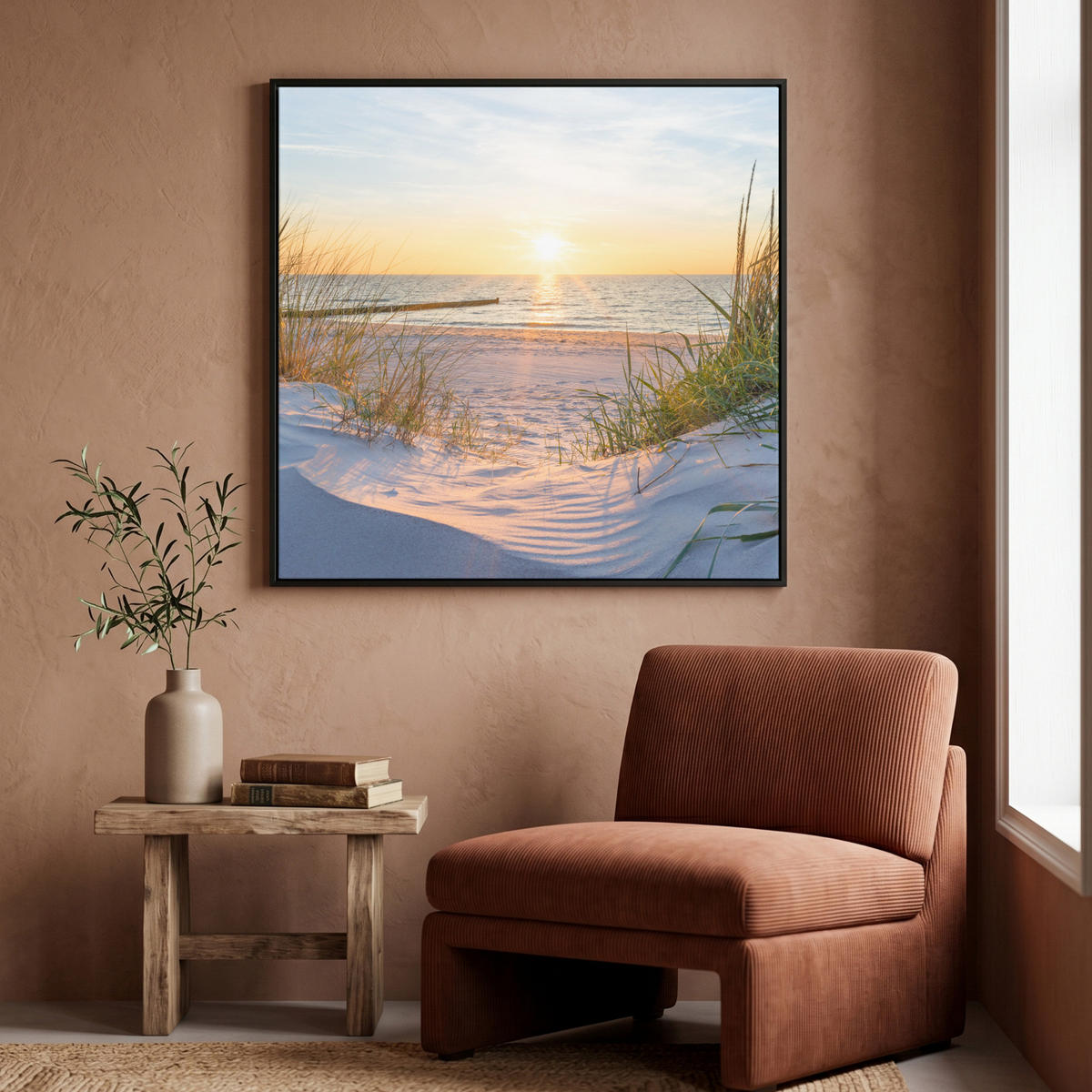 LEINWAND Bilder mit Rahmen - Strand - Sonne - Düne - Gras - Sand - Horizont - 90x90 - Hellblau, Textil (90/90cm) - MuchoWow