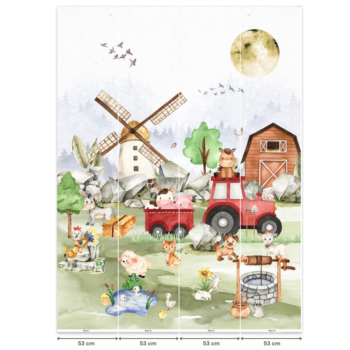 KINDERTAPETE - Bauernhof - Traktor - Kinder - Tiere - 200x280 cm - Weiß, Papier (200/280cm) - OnlyWow